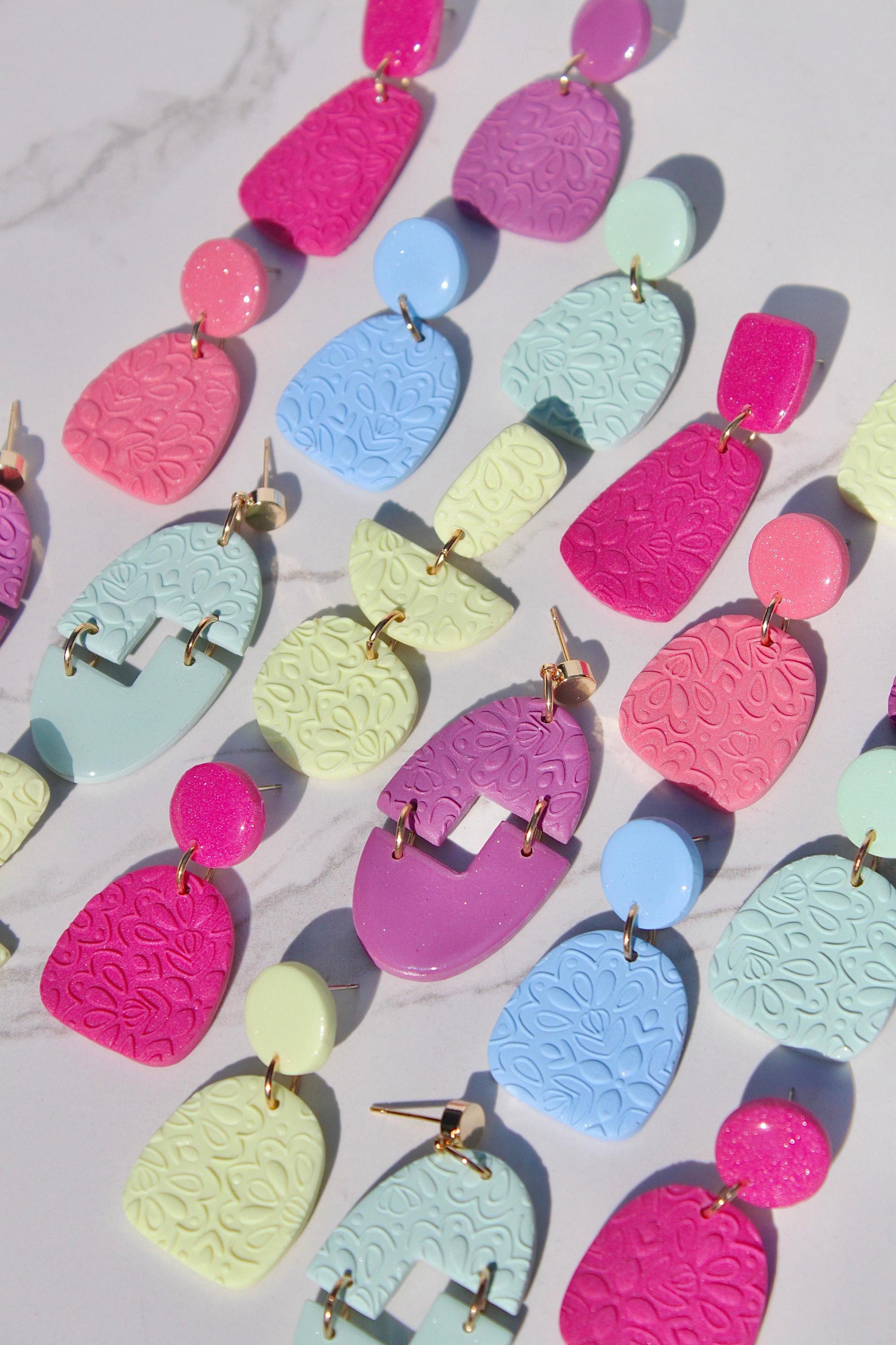 Colorful Textured Polymer Clay Earrings – Handmade Statement Dangle Earrings – Floral Imprint Earrings – Lightweight Bold Jewelry – Gift for