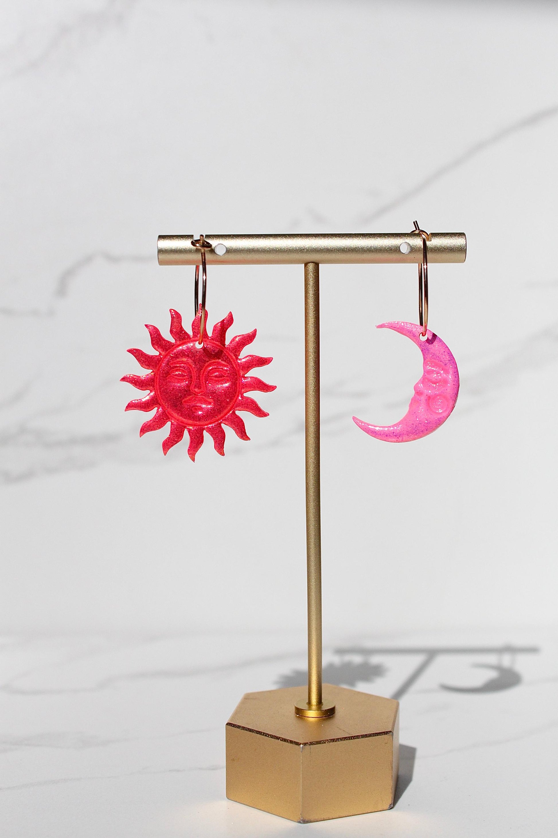 Sun and Moon Dangle Earrings – Mismatched Clay Earrings – Celestial Earrings with Faces – Handmade Polymer Clay Jewelry – Cosmic Clay Hoops