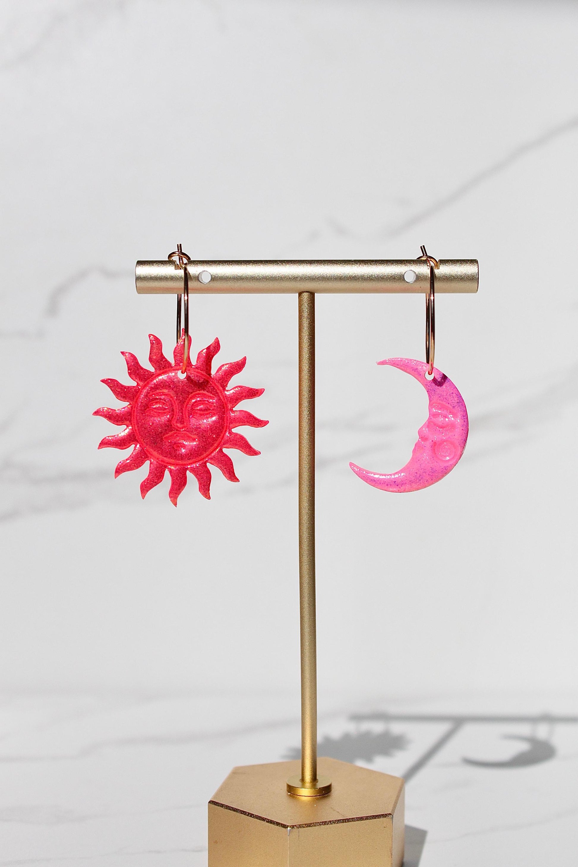 Sun and Moon Dangle Earrings – Mismatched Clay Earrings – Celestial Earrings with Faces – Handmade Polymer Clay Jewelry – Cosmic Clay Hoops