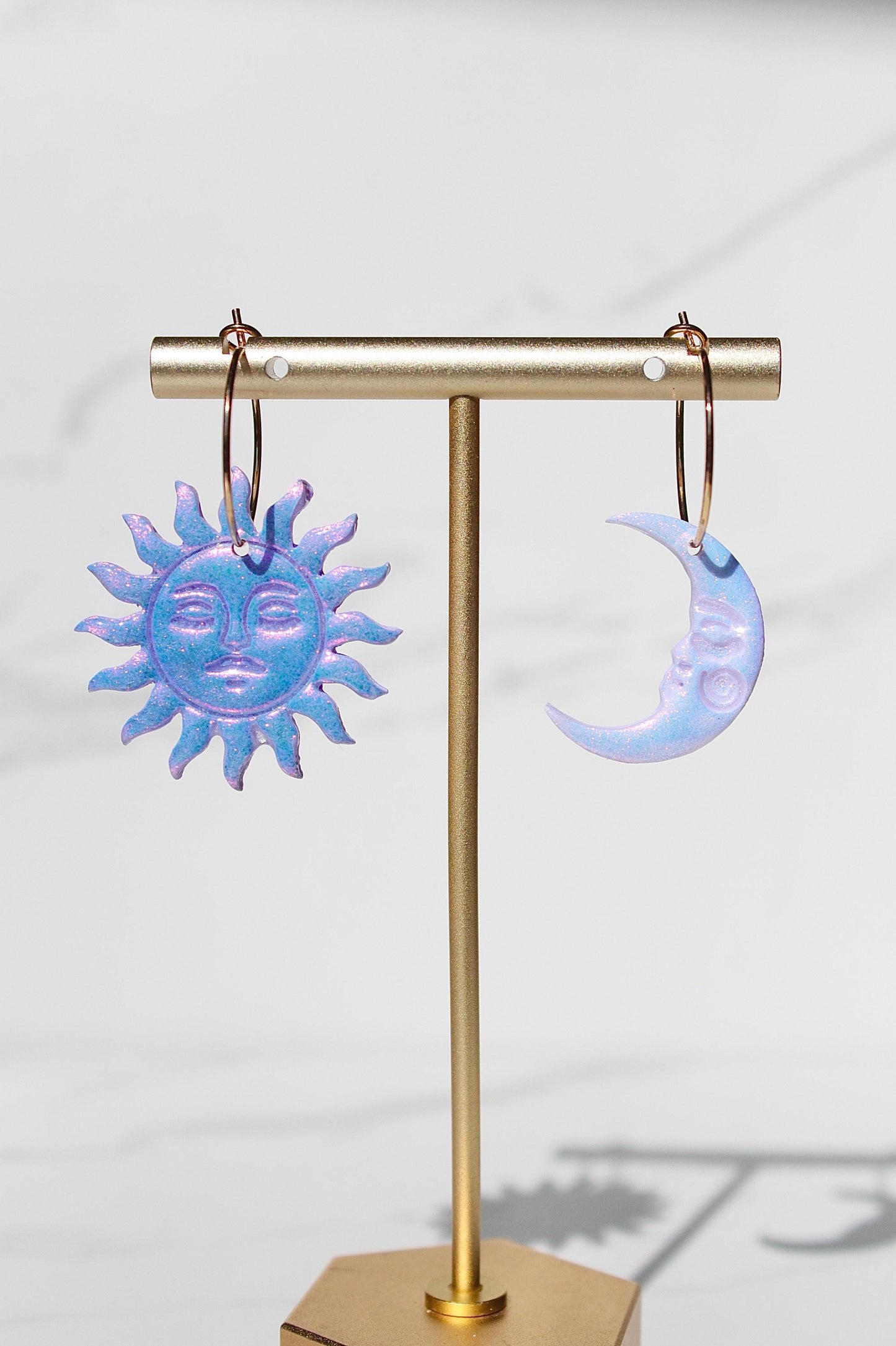 Sun and Moon Dangle Earrings – Mismatched Clay Earrings – Celestial Earrings with Faces – Handmade Polymer Clay Jewelry – Cosmic Clay Hoops