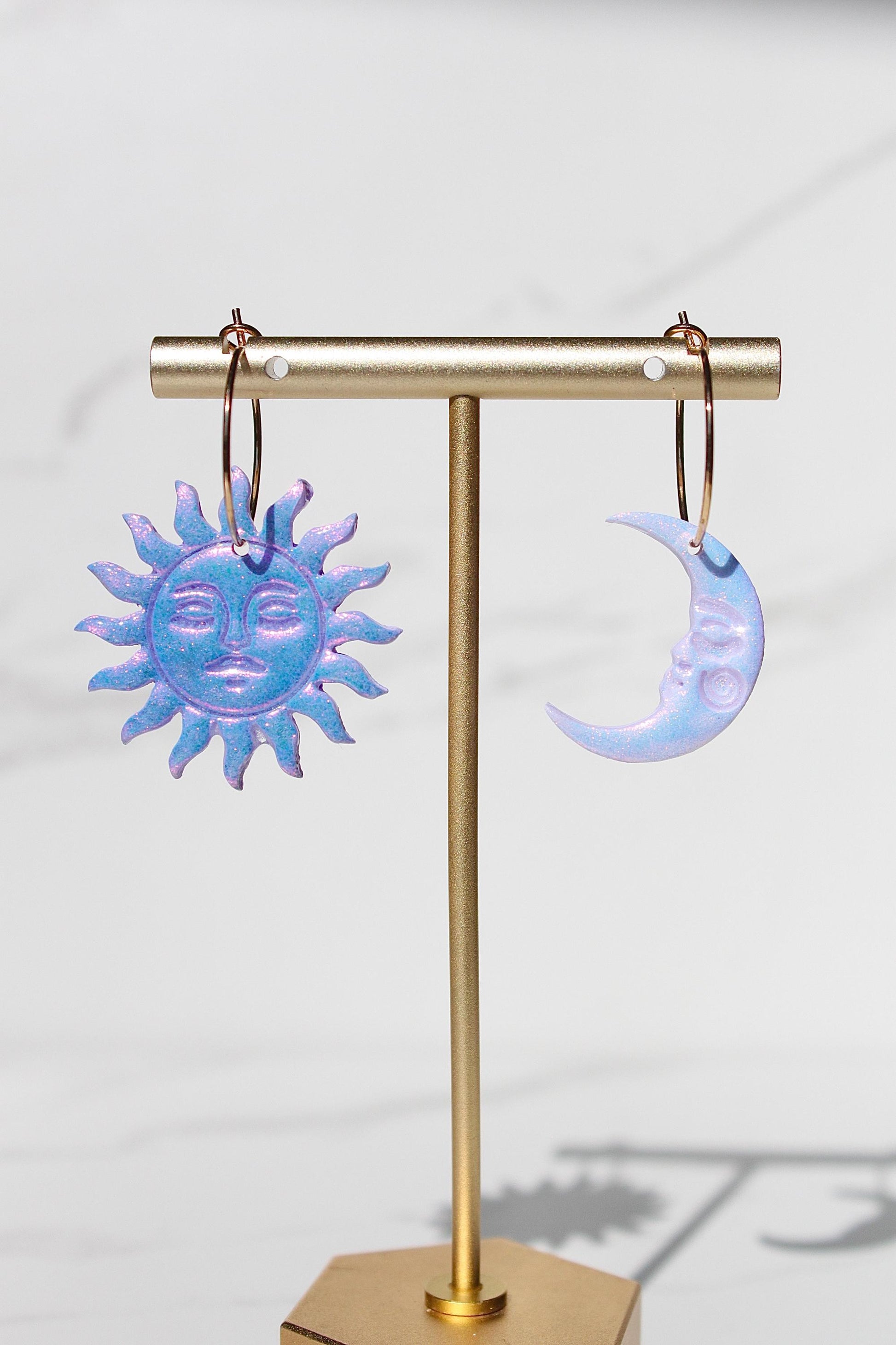 Sun and Moon Dangle Earrings – Mismatched Clay Earrings – Celestial Earrings with Faces – Handmade Polymer Clay Jewelry – Cosmic Clay Hoops