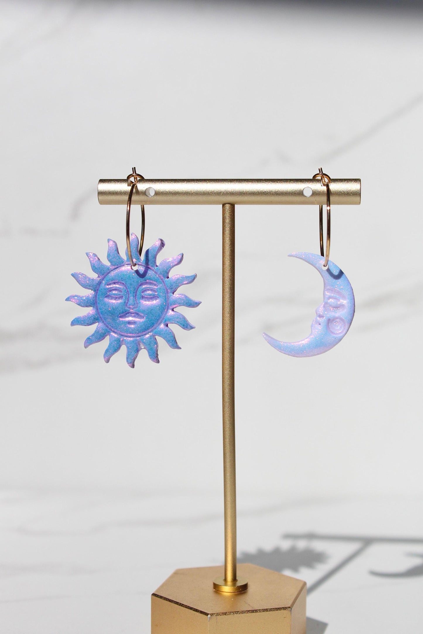 Sun and Moon Dangle Earrings – Mismatched Clay Earrings – Celestial Earrings with Faces – Handmade Polymer Clay Jewelry – Cosmic Clay Hoops