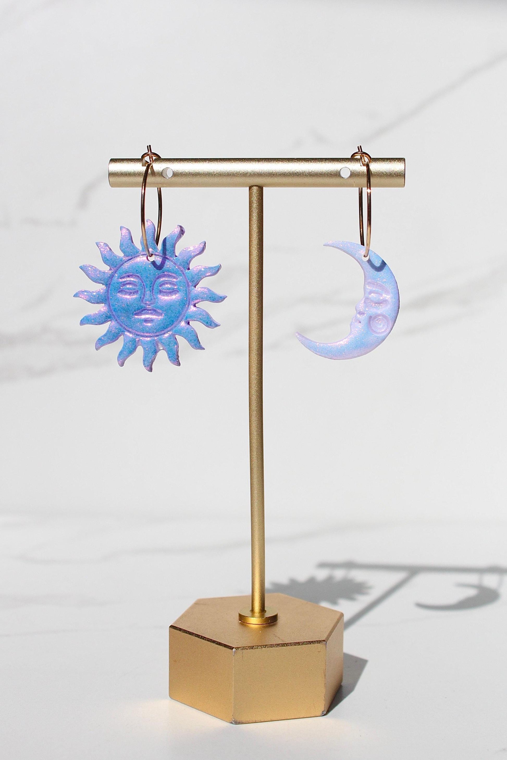 Sun and Moon Dangle Earrings – Mismatched Clay Earrings – Celestial Earrings with Faces – Handmade Polymer Clay Jewelry – Cosmic Clay Hoops