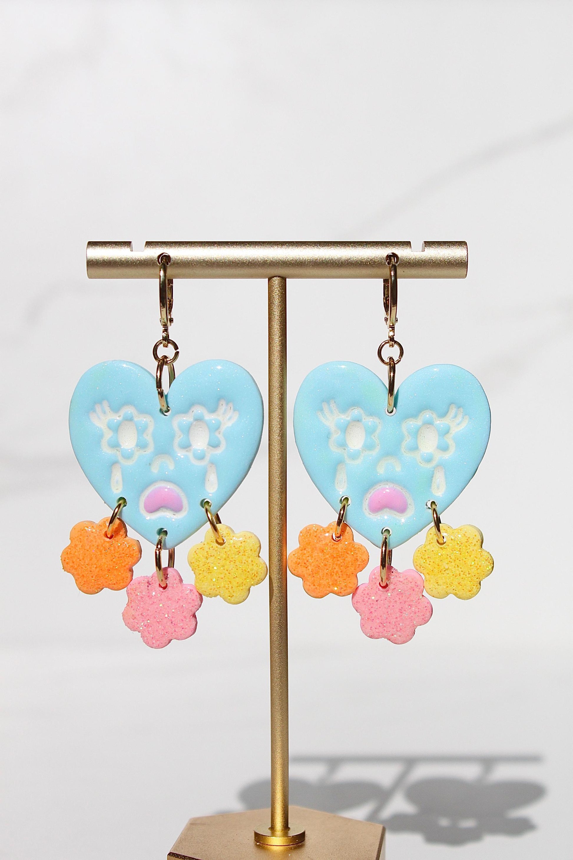Crying Heart Earrings – Colorful Polymer Clay Statement Earrings – Resin Dangle Earrings – Kawaii Jewelry Gift