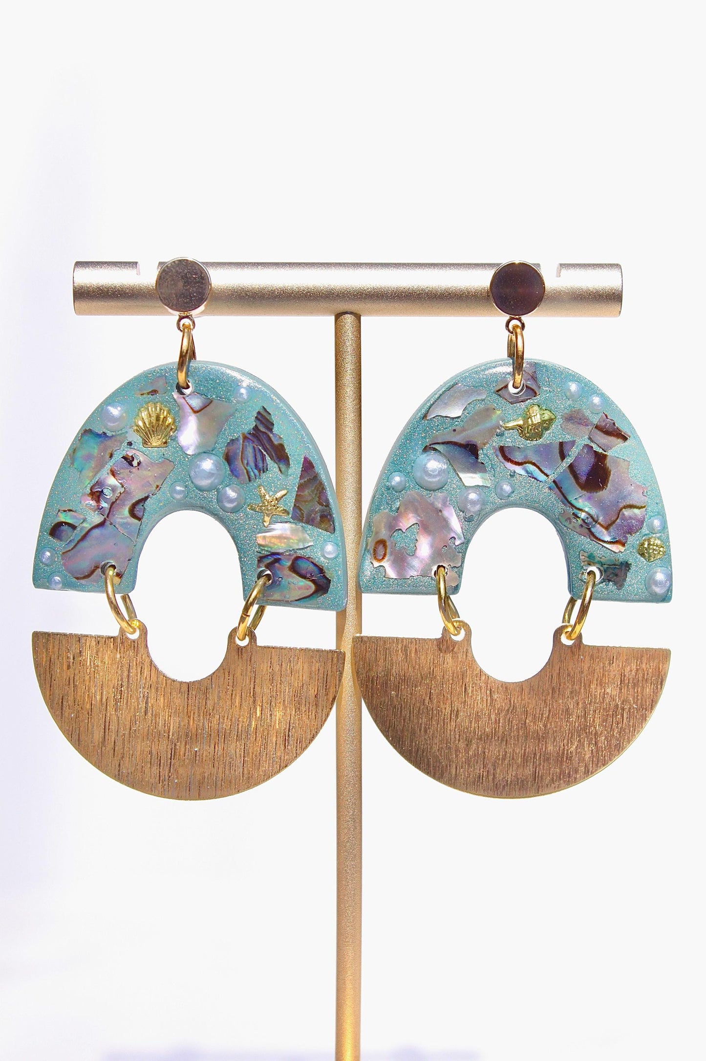 Turquoise Abalone Shell & Pearl Earrings – Handmade Statement Polymer Clay Earrings, Lightweight Geometric Dangles, Iridescent Shell Jewelry