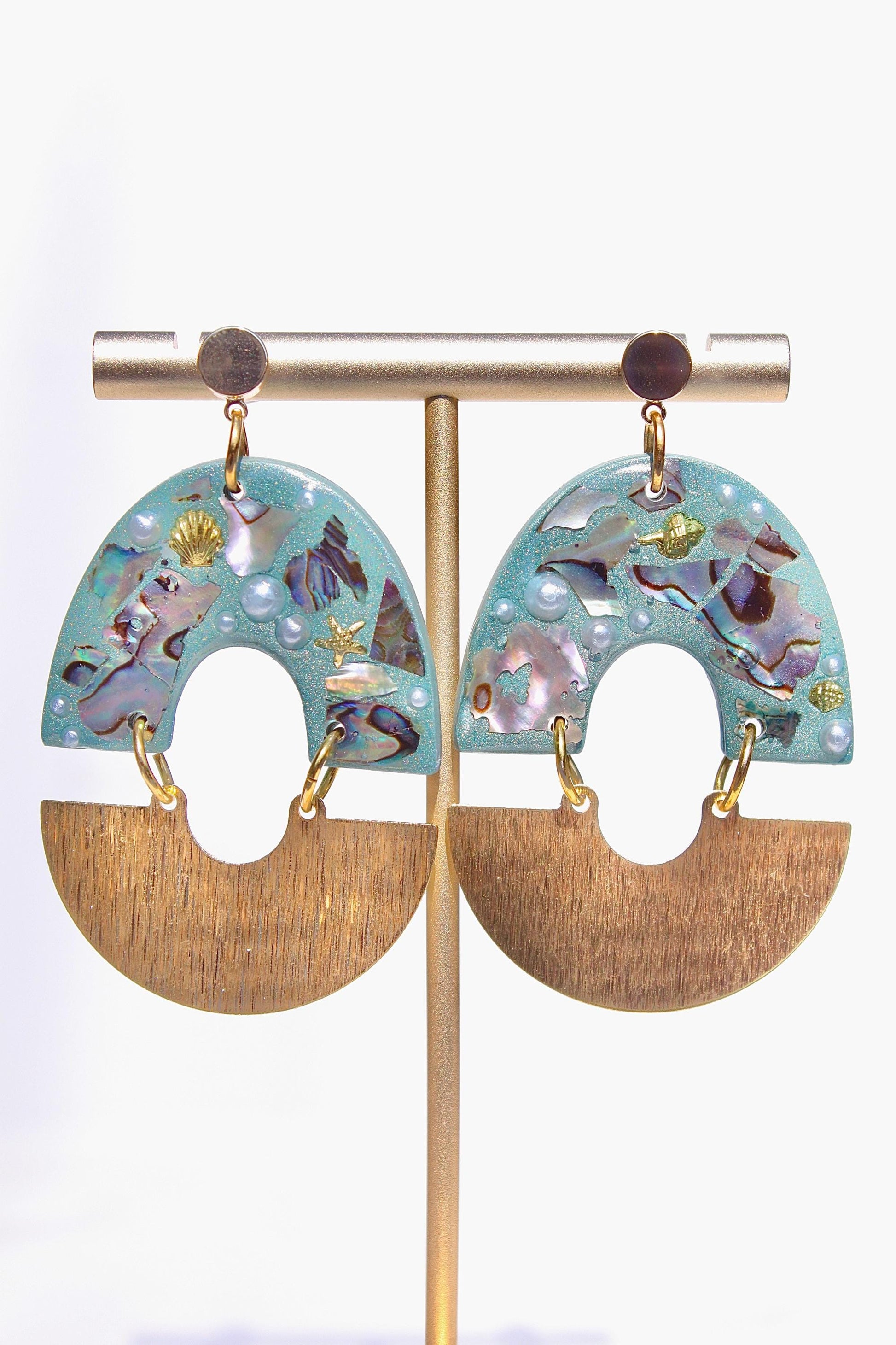 Turquoise Abalone Shell & Pearl Earrings – Handmade Statement Polymer Clay Earrings, Lightweight Geometric Dangles, Iridescent Shell Jewelry