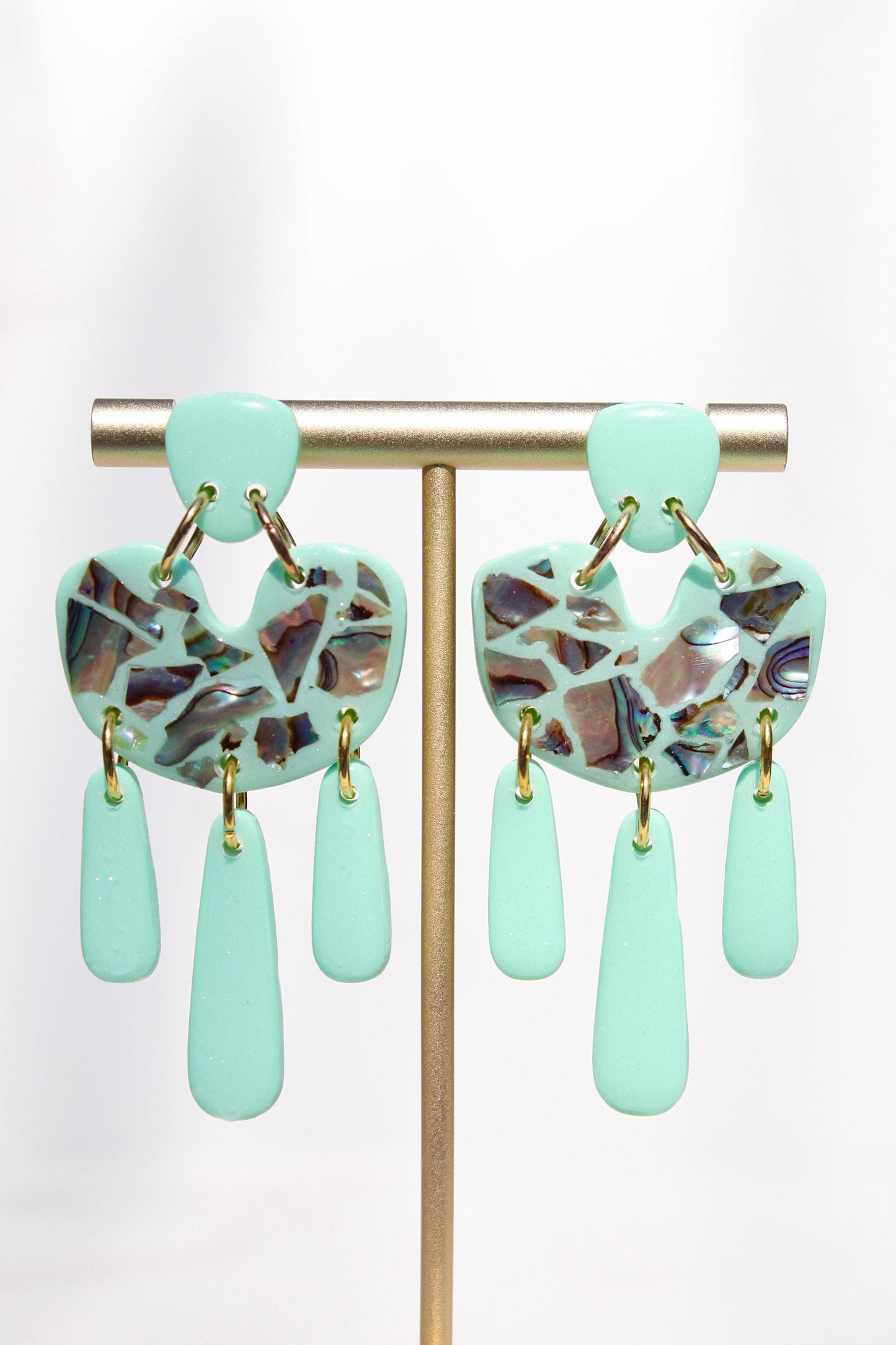 Mint Green Abalone Shell Earrings – Handmade Statement Polymer Clay Earrings, Lightweight Geometric Dangles, Iridescent Shell Jewelry, Boho