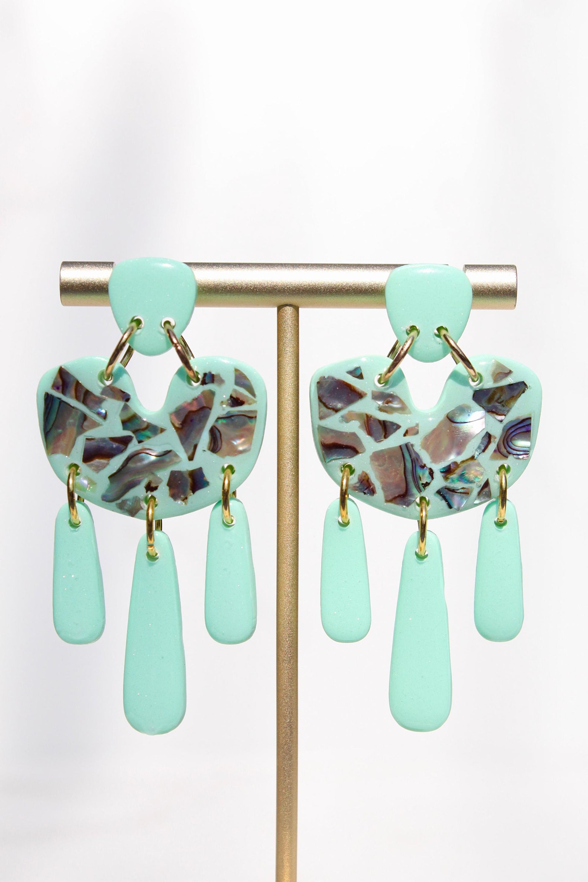 Mint Green Abalone Shell Earrings – Handmade Statement Polymer Clay Earrings, Lightweight Geometric Dangles, Iridescent Shell Jewelry, Boho