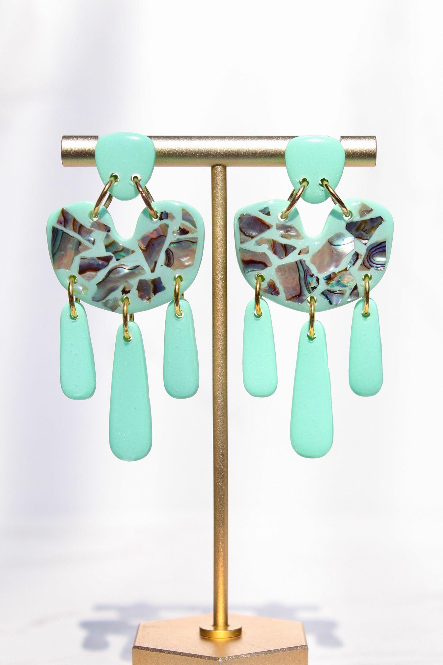 Mint Green Abalone Shell Earrings – Handmade Statement Polymer Clay Earrings, Lightweight Geometric Dangles, Iridescent Shell Jewelry, Boho