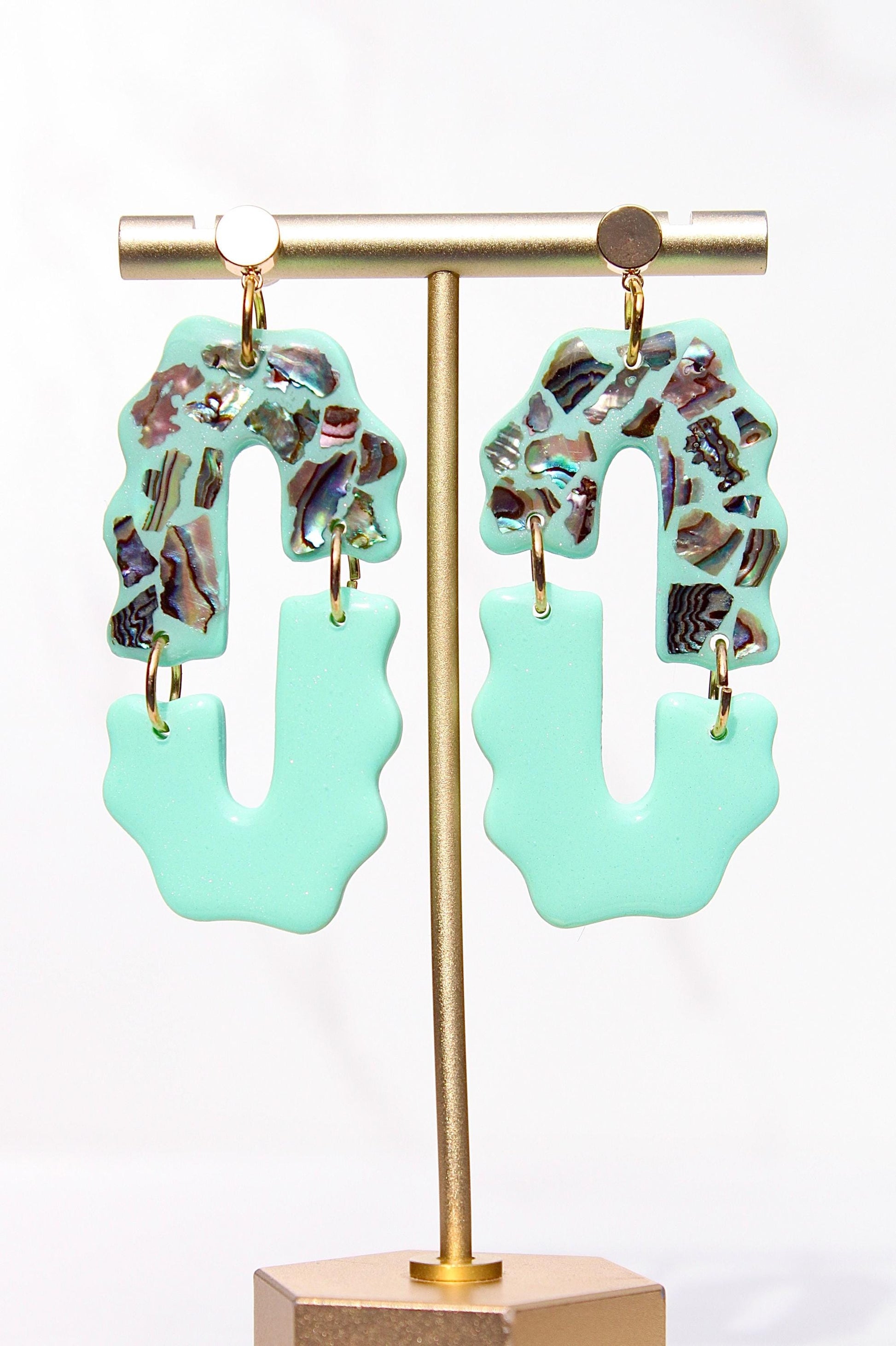 Mint Green Abalone Shell Earrings – Handmade Statement Polymer Clay Earrings, Lightweight Geometric Dangles, Iridescent Shell Jewelry, Boho