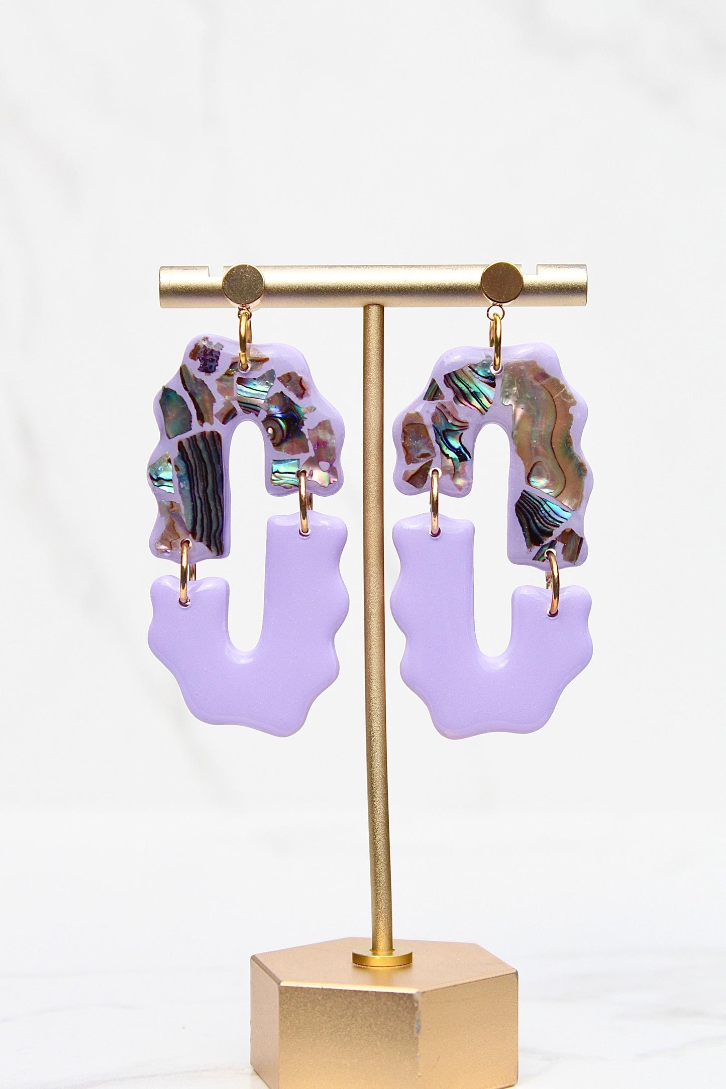 Purple Abalone Shell Earrings – Handmade Statement Polymer Clay Earrings, Lightweight Geometric Dangles, Iridescent Shell Jewelry, Boho Gift