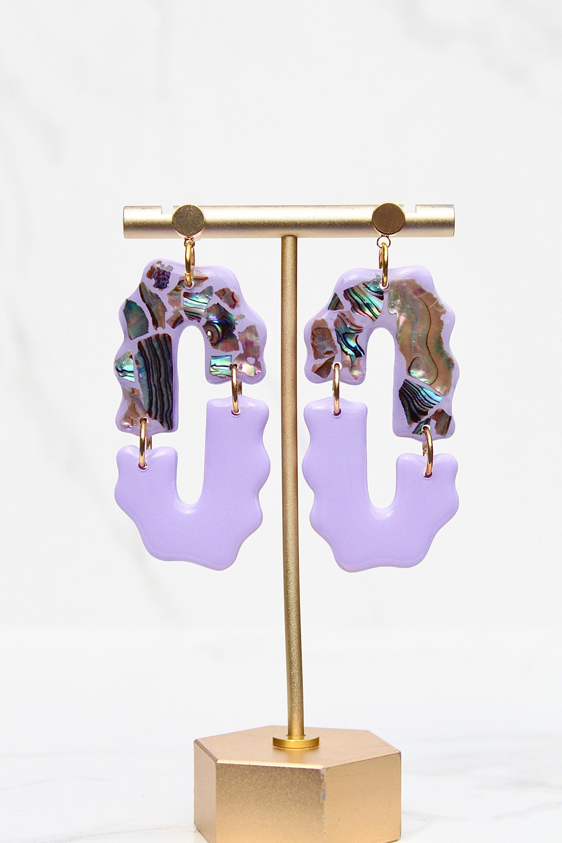 Purple Abalone Shell Earrings – Handmade Statement Polymer Clay Earrings, Lightweight Geometric Dangles, Iridescent Shell Jewelry, Boho Gift