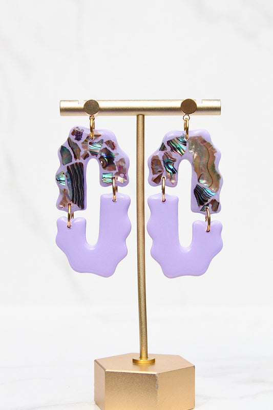 Purple Abalone Shell Earrings – Handmade Statement Polymer Clay Earrings, Lightweight Geometric Dangles, Iridescent Shell Jewelry, Boho Gift