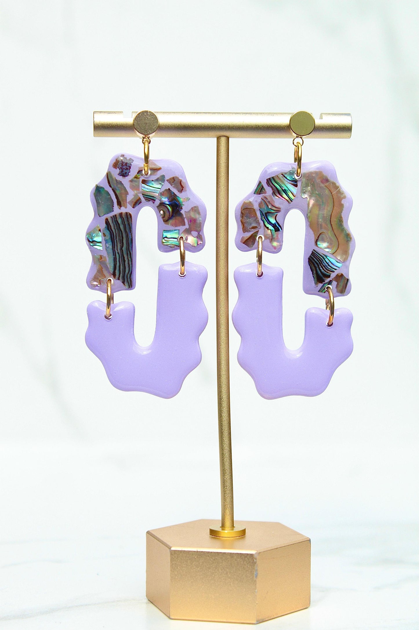 Purple Abalone Shell Earrings – Handmade Statement Polymer Clay Earrings, Lightweight Geometric Dangles, Iridescent Shell Jewelry, Boho Gift