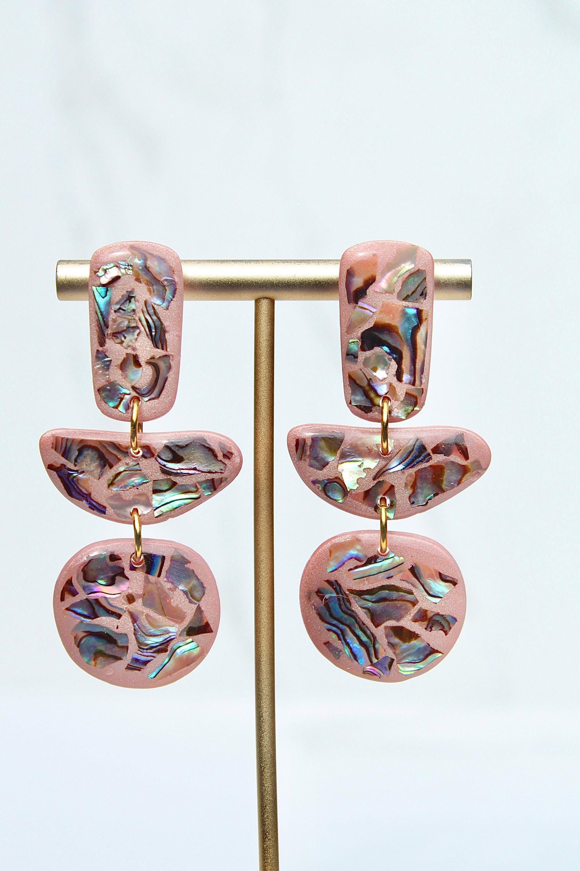 Pink Abalone Shell Earrings – Handmade Statement Polymer Clay Earrings, Lightweight Geometric Dangles, Iridescent Shell Jewelry, Boho Gift f