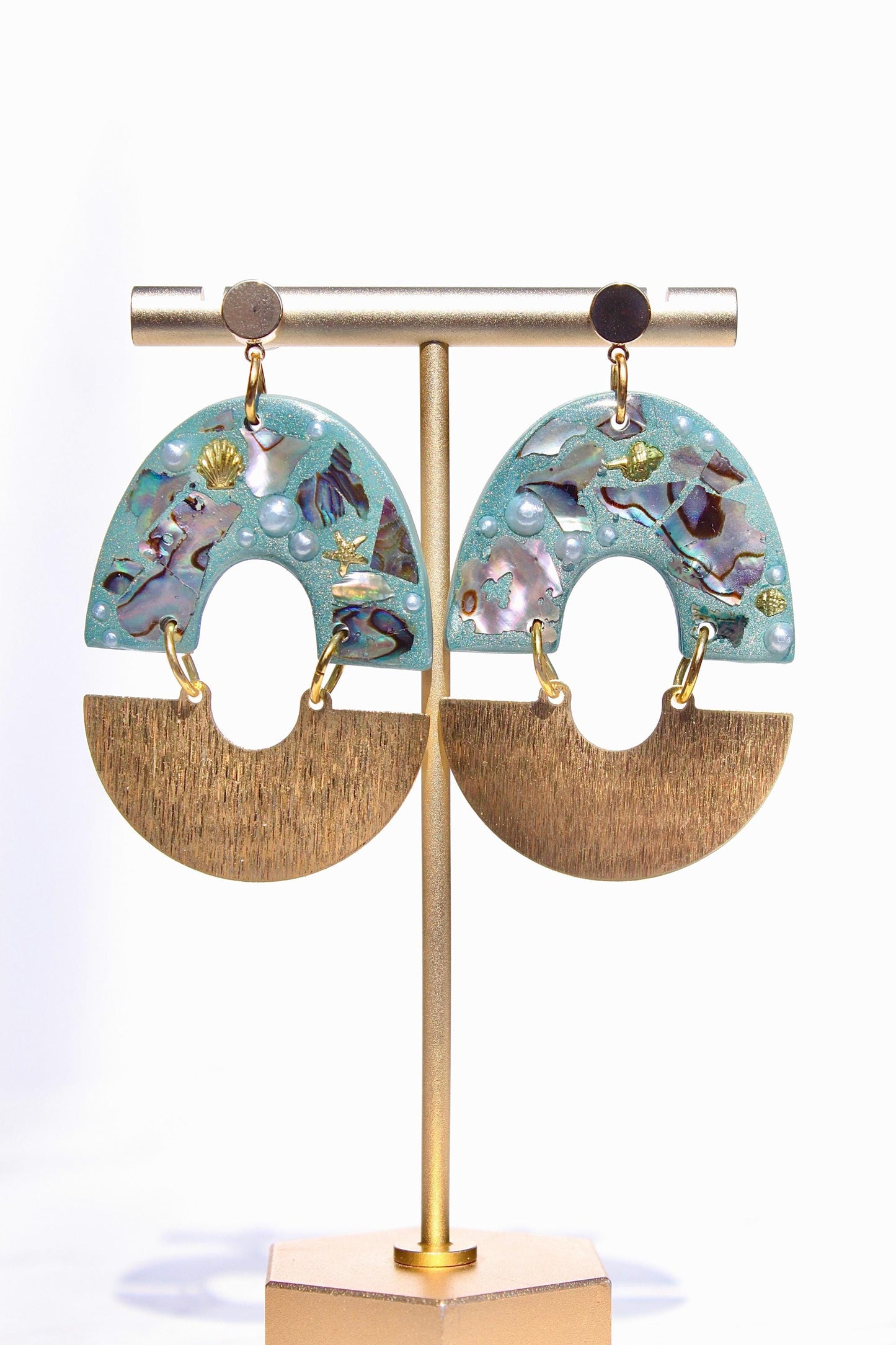 Turquoise Abalone Shell & Pearl Earrings – Handmade Statement Polymer Clay Earrings, Lightweight Geometric Dangles, Iridescent Shell Jewelry