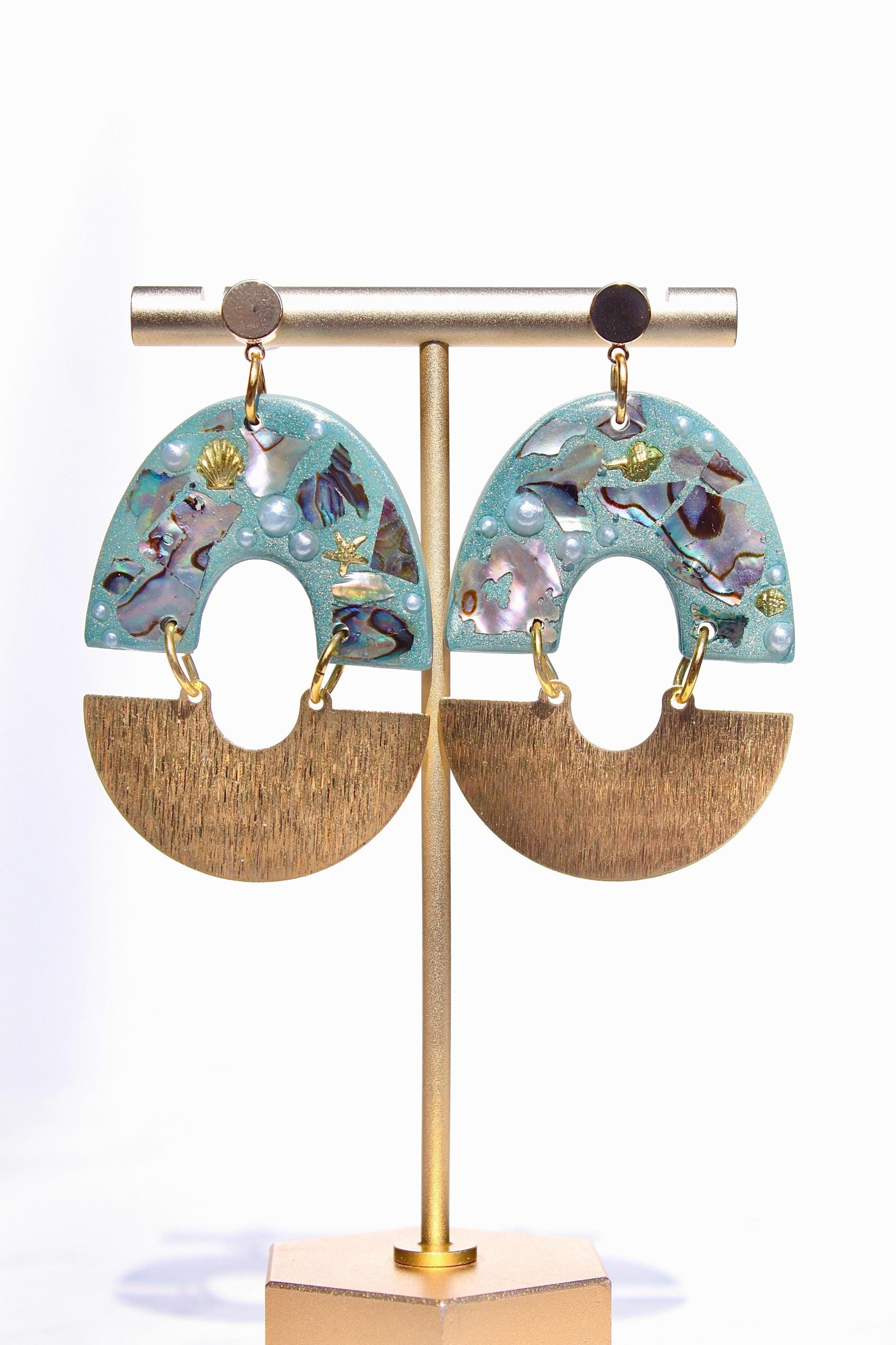 Turquoise Abalone Shell & Pearl Earrings – Handmade Statement Polymer Clay Earrings, Lightweight Geometric Dangles, Iridescent Shell Jewelry