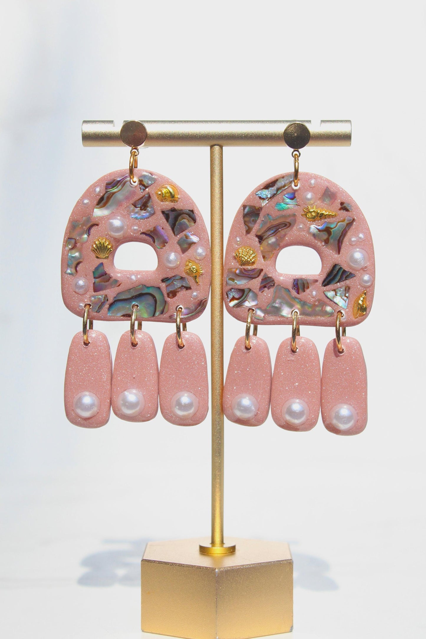 Brown Abalone Shell & Pearl Earrings – Handmade Statement Polymer Clay Earrings, Lightweight Geometric Dangles, Iridescent Shell Jewelry, Bo