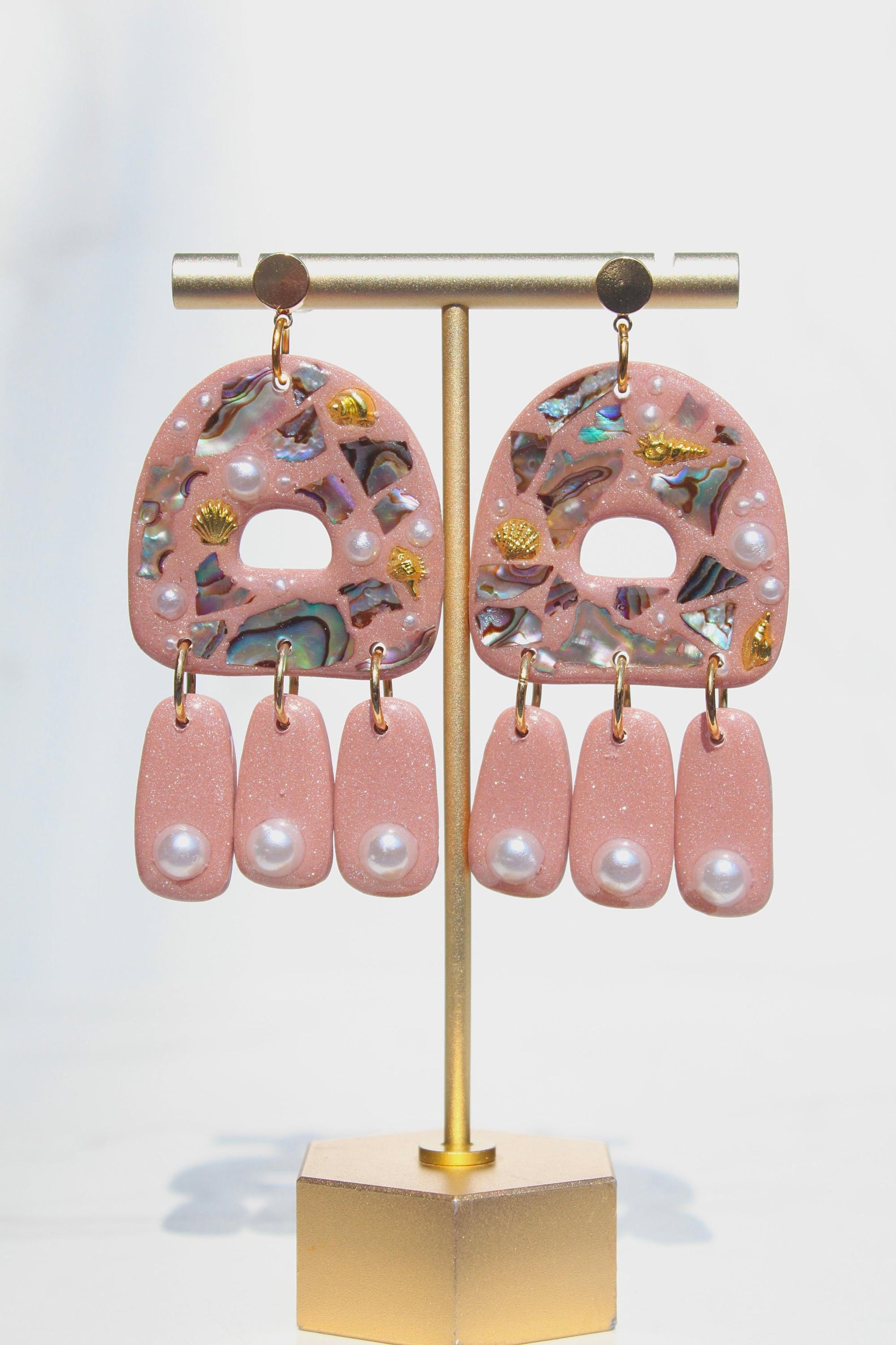 Brown Abalone Shell & Pearl Earrings – Handmade Statement Polymer Clay Earrings, Lightweight Geometric Dangles, Iridescent Shell Jewelry, Bo