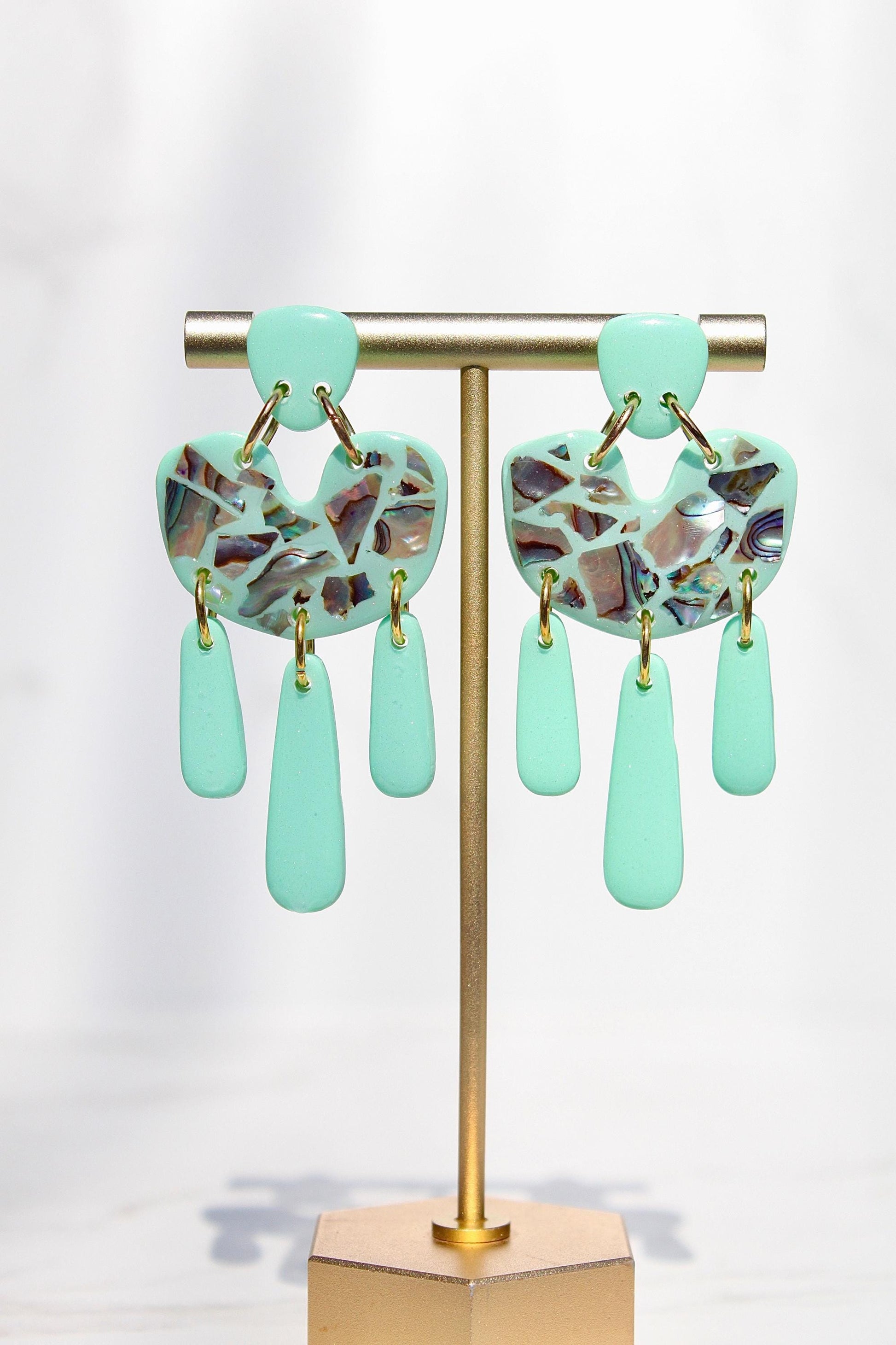 Mint Green Abalone Shell Earrings – Handmade Statement Polymer Clay Earrings, Lightweight Geometric Dangles, Iridescent Shell Jewelry, Boho