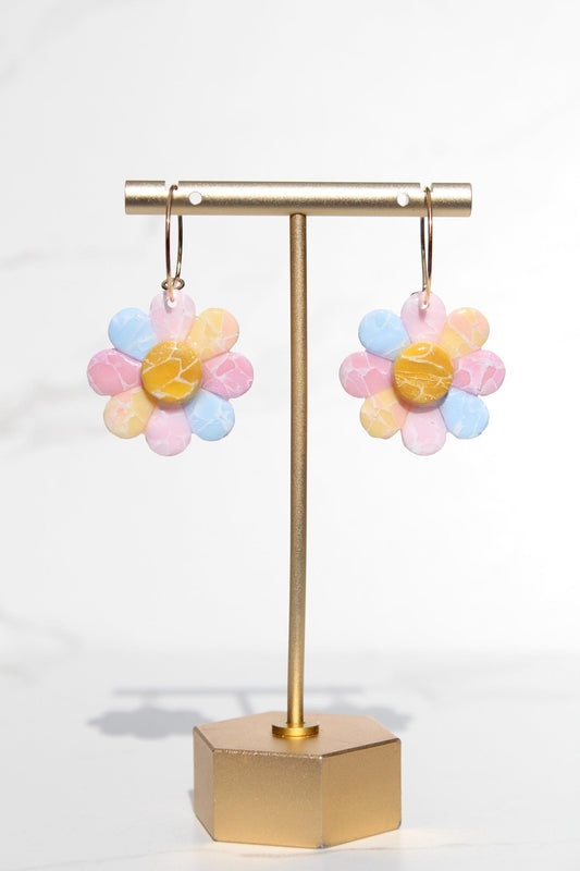 Pastel Marble Flower Clay Earrings - Handmade Boho Jewelry