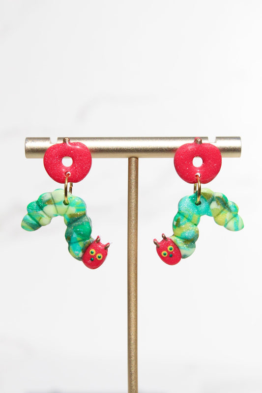 Hungry Caterpillar Clay Earrings with Apple - Back to School Teacher Jewelry