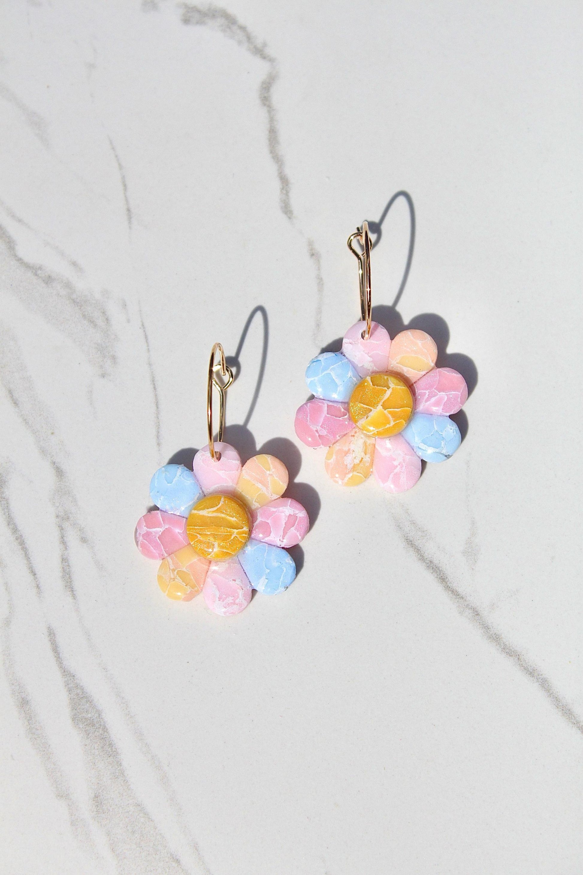 Pastel Marble Flower Clay Earrings - Handmade Boho Jewelry