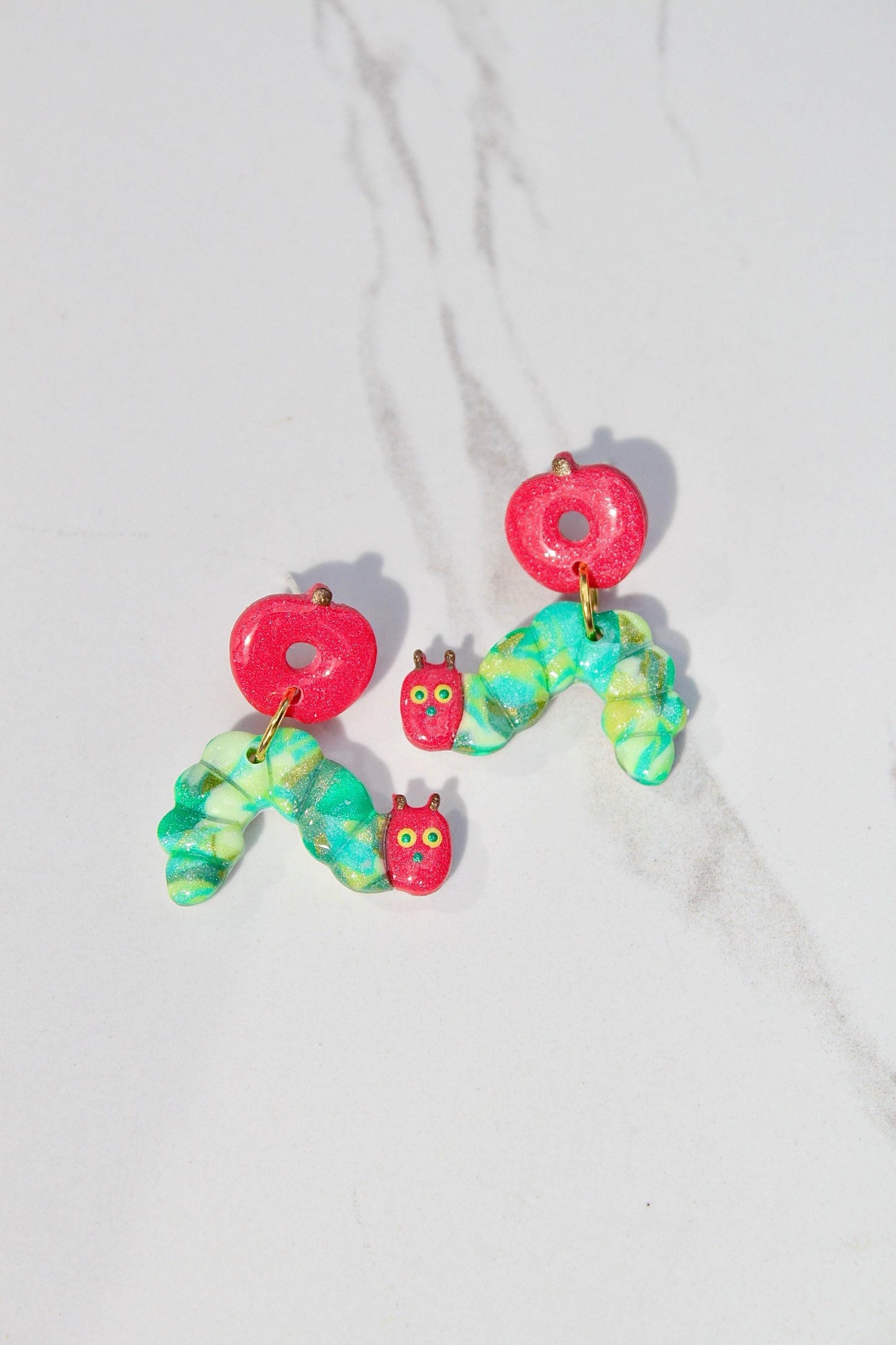 Hungry Caterpillar Clay Earrings with Apple - Back to School Teacher Jewelry