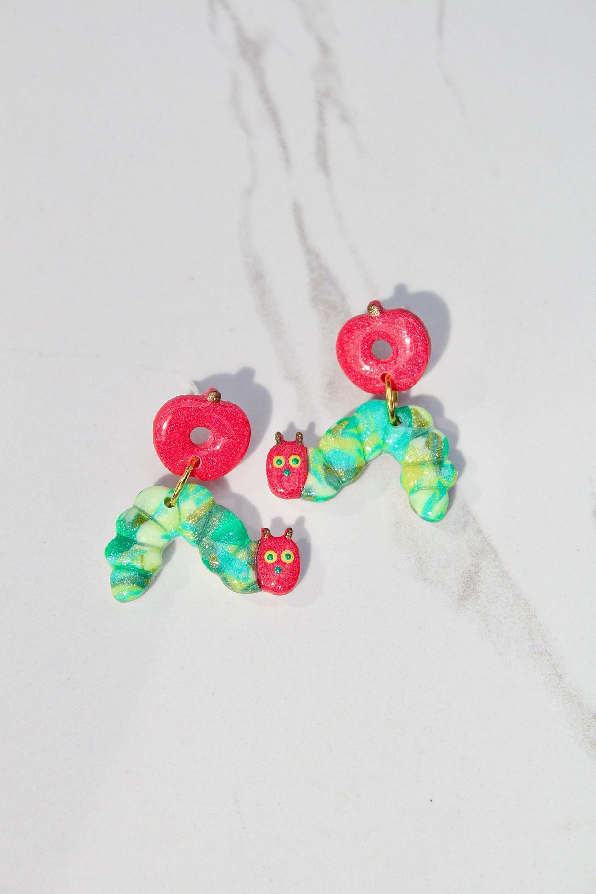 Hungry Caterpillar Clay Earrings with Apple - Back to School Teacher Jewelry