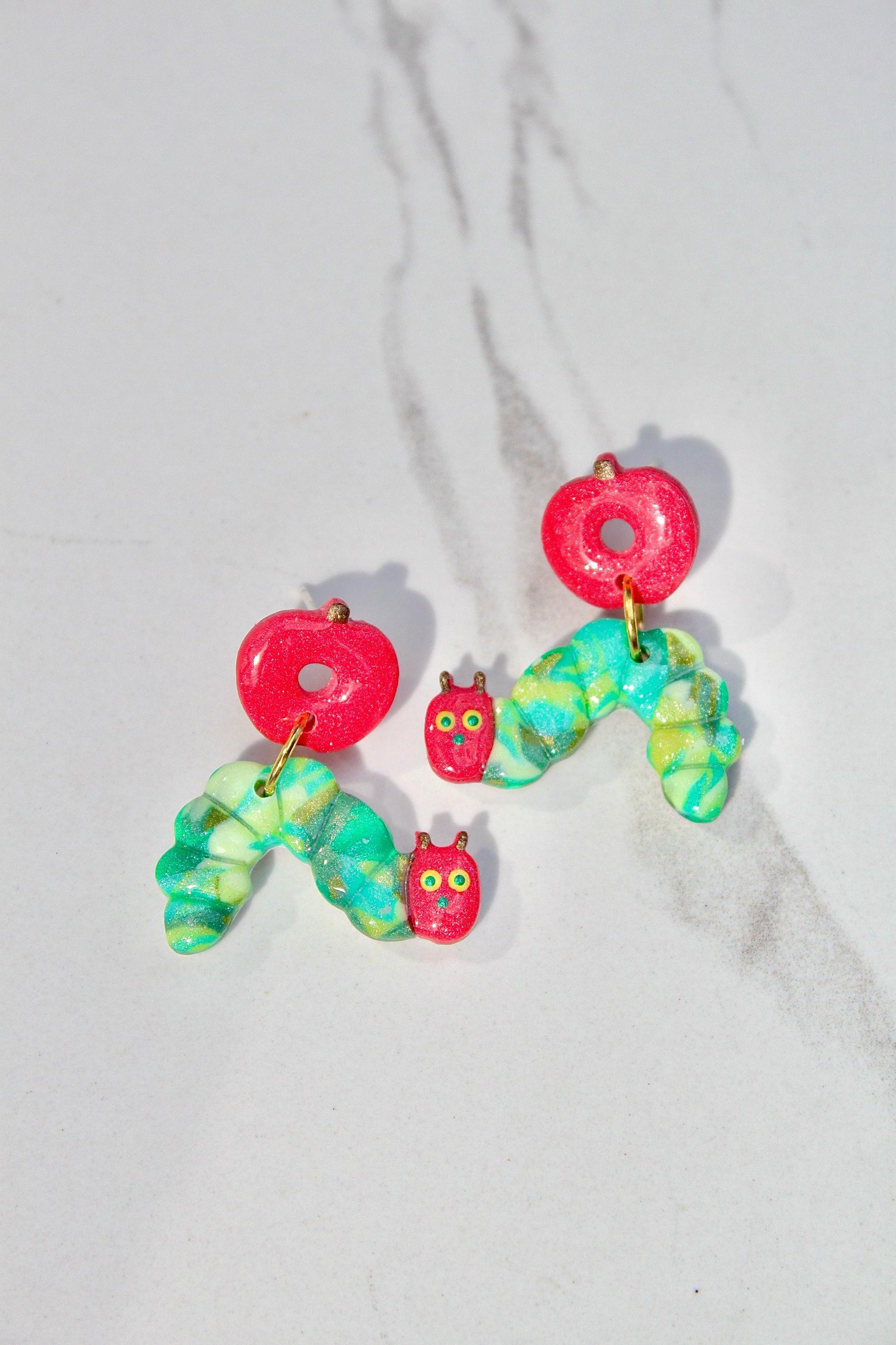 Hungry Caterpillar Clay Earrings with Apple - Back to School Teacher Jewelry
