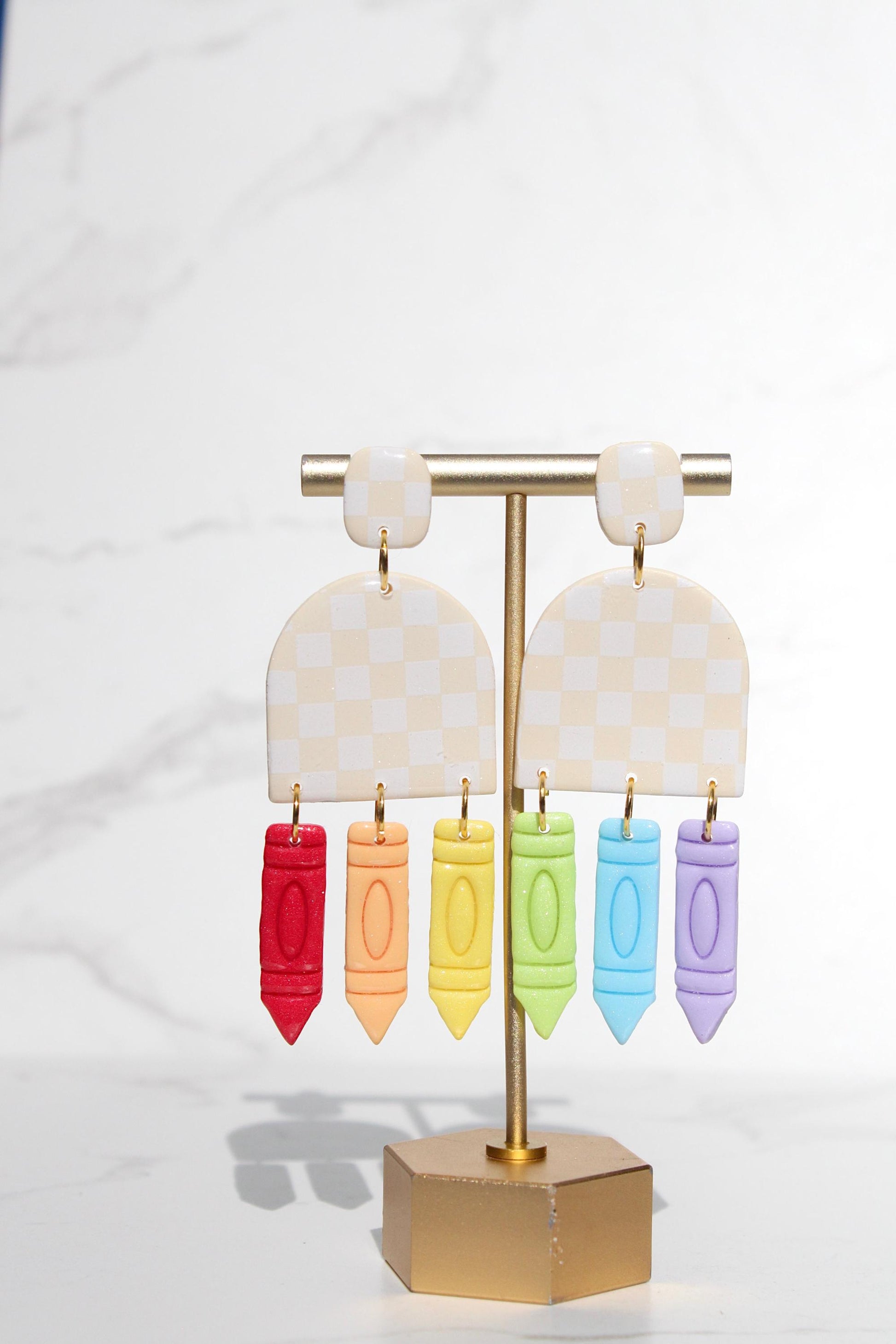 Beige Checker Clay Earrings with Crayon Dangles - Teacher Back to School