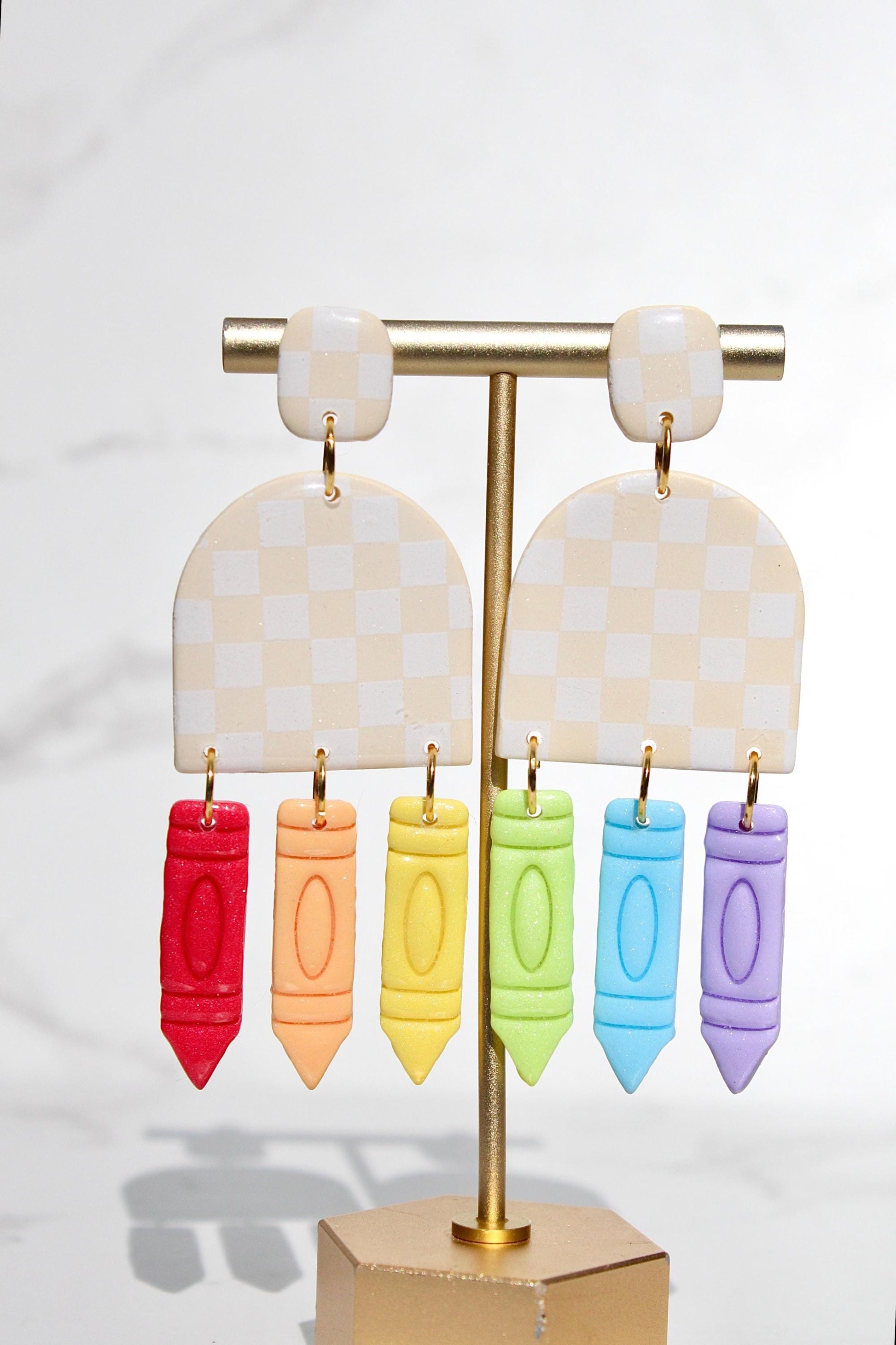 Beige Checker Clay Earrings with Crayon Dangles - Teacher Back to School
