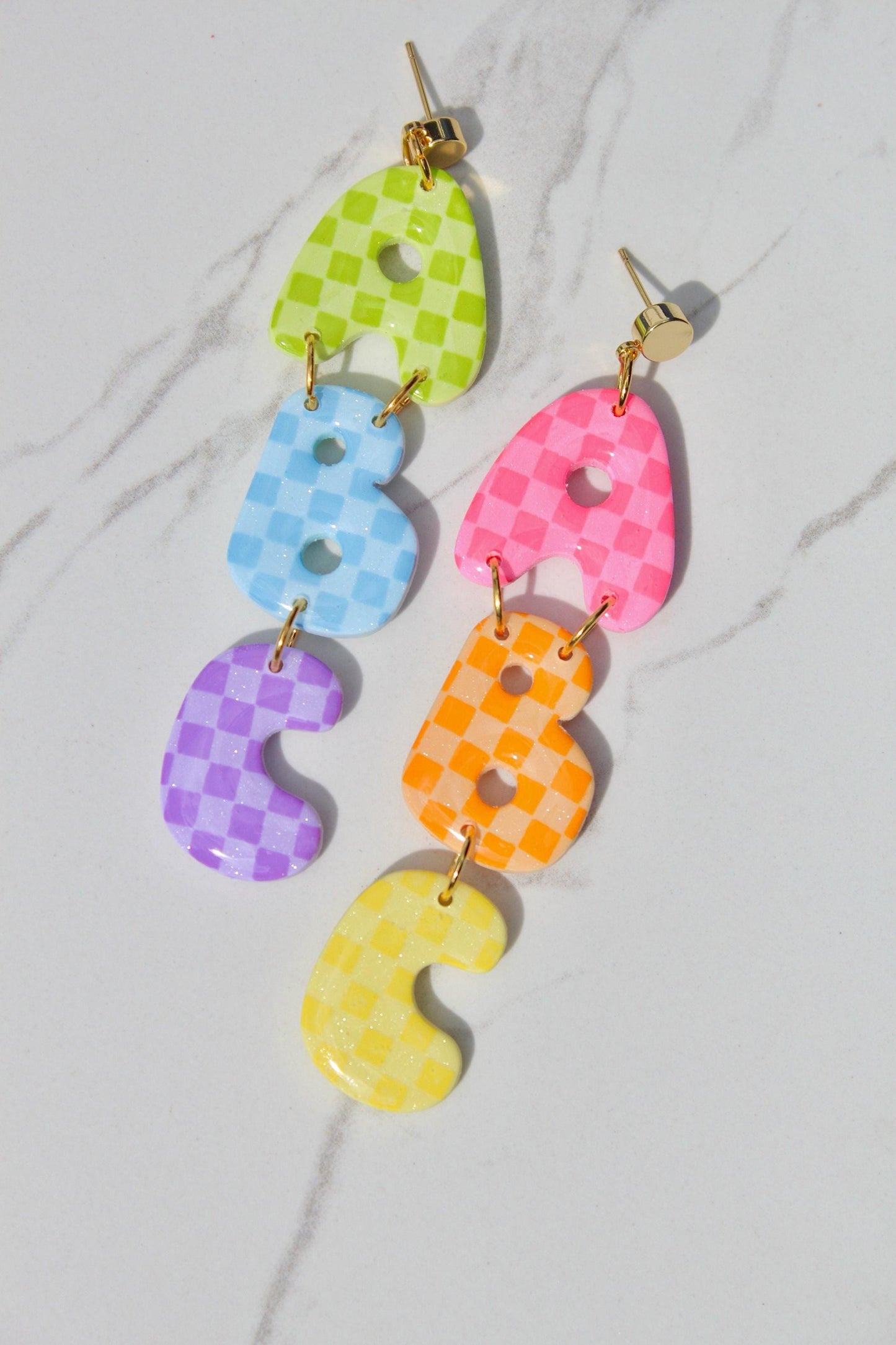 ABC Rainbow Checkered Clay Earrings – Back to School Teacher Statement Jewelry | Colorful Polymer Clay Alphabet Earrings