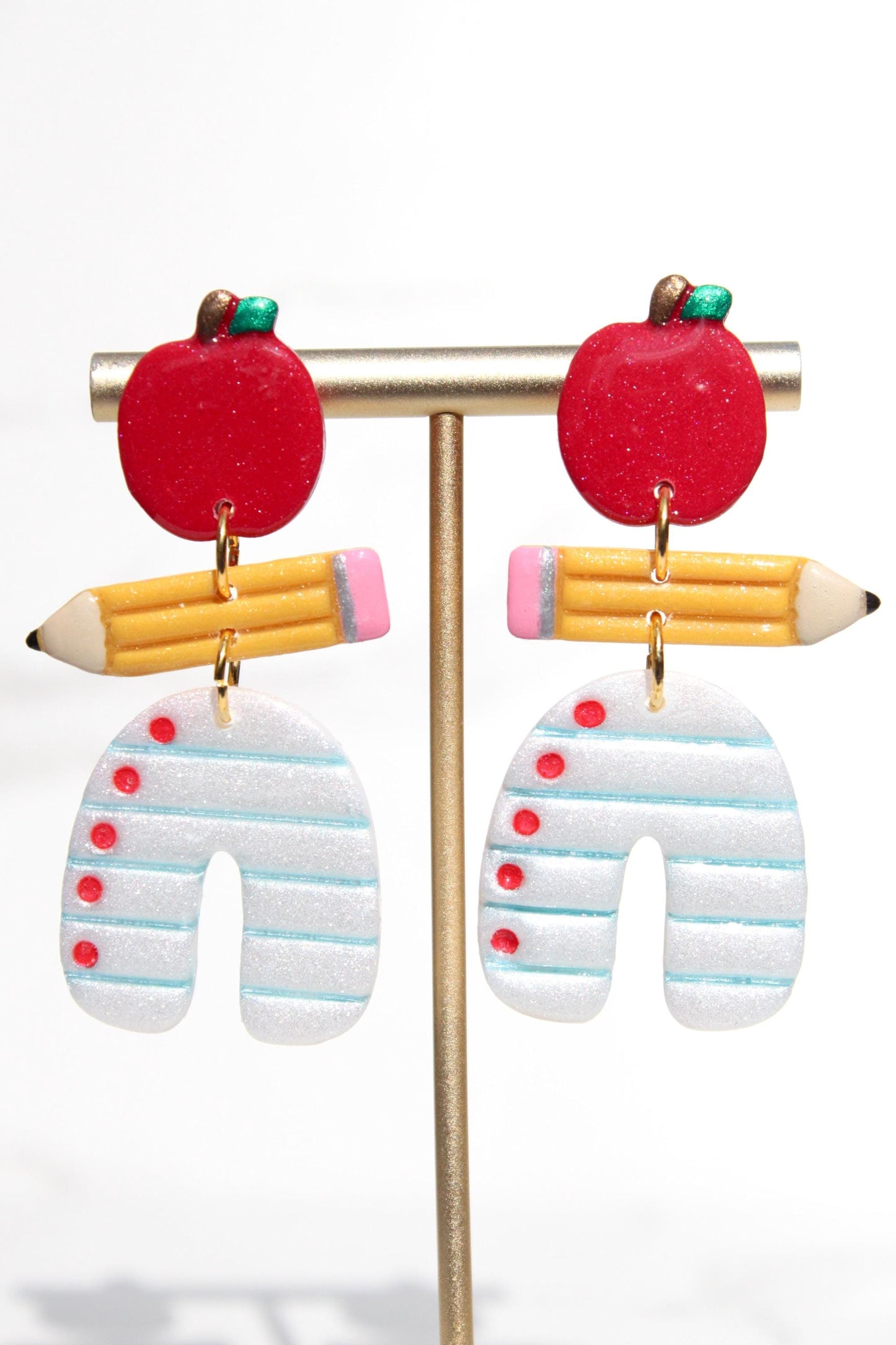 Teacher Earrings – Clay Statement Dangles for Back to School | Apple, Pencil & Paper Motif | Gift for Teachers and Students