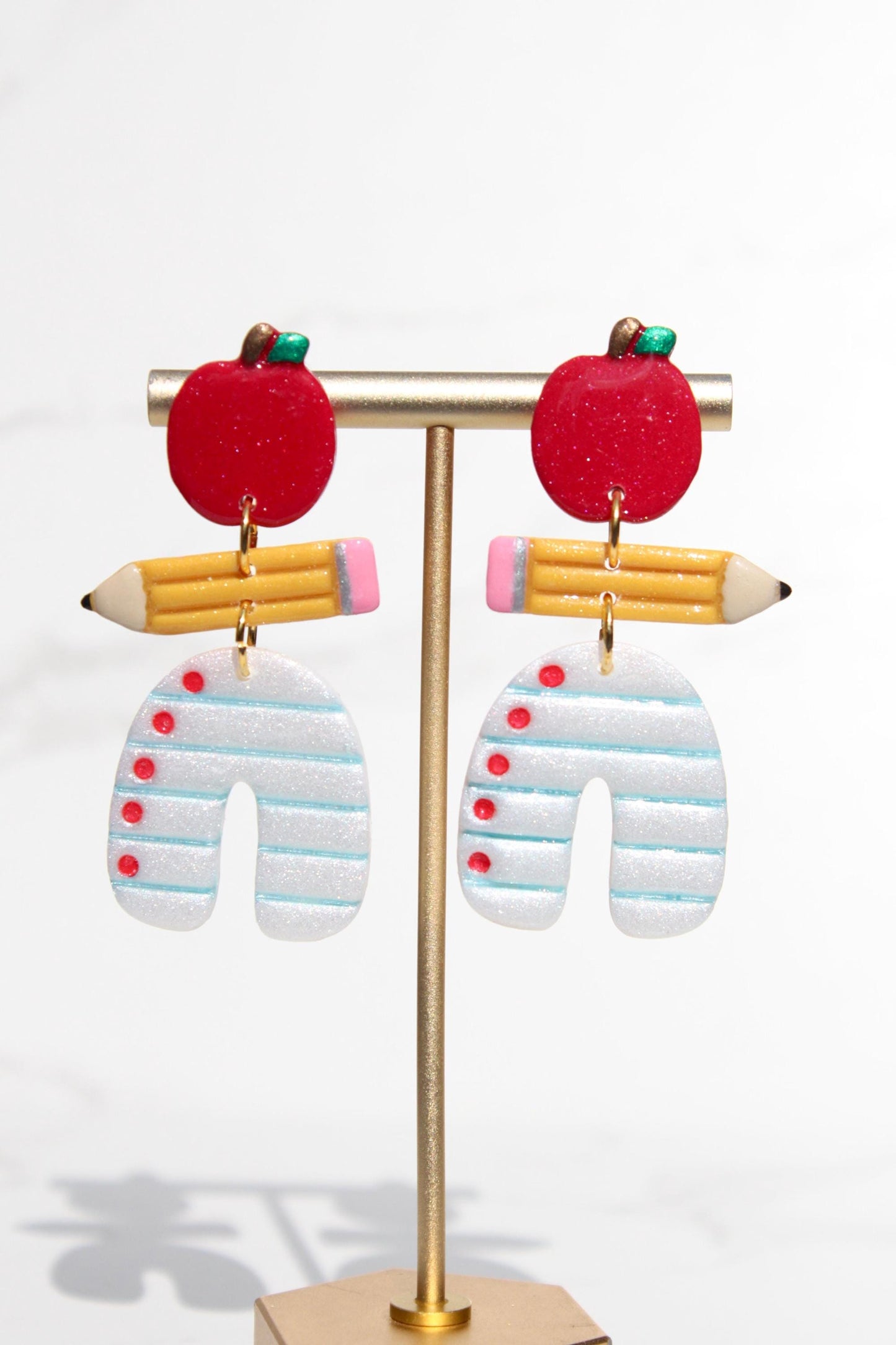 Teacher Earrings – Clay Statement Dangles for Back to School | Apple, Pencil & Paper Motif | Gift for Teachers and Students