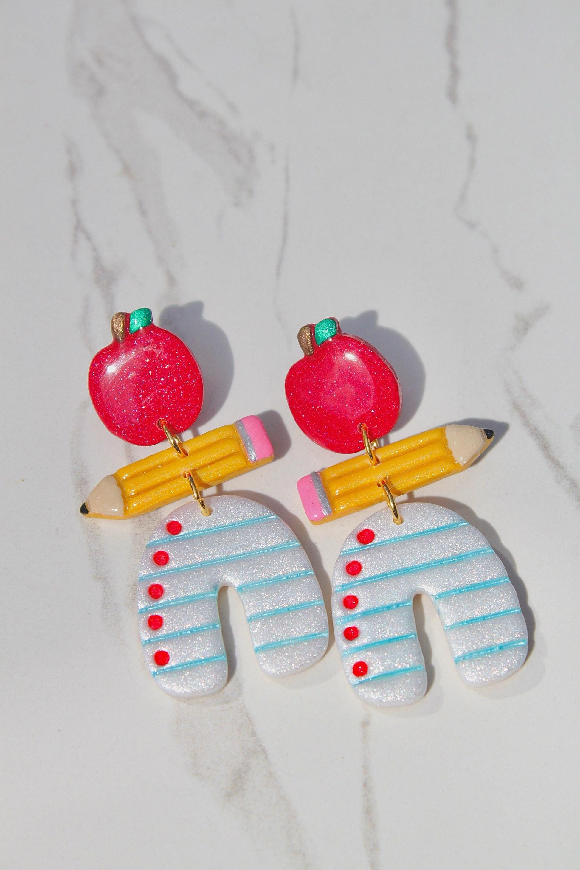 Teacher Earrings – Clay Statement Dangles for Back to School | Apple, Pencil & Paper Motif | Gift for Teachers and Students
