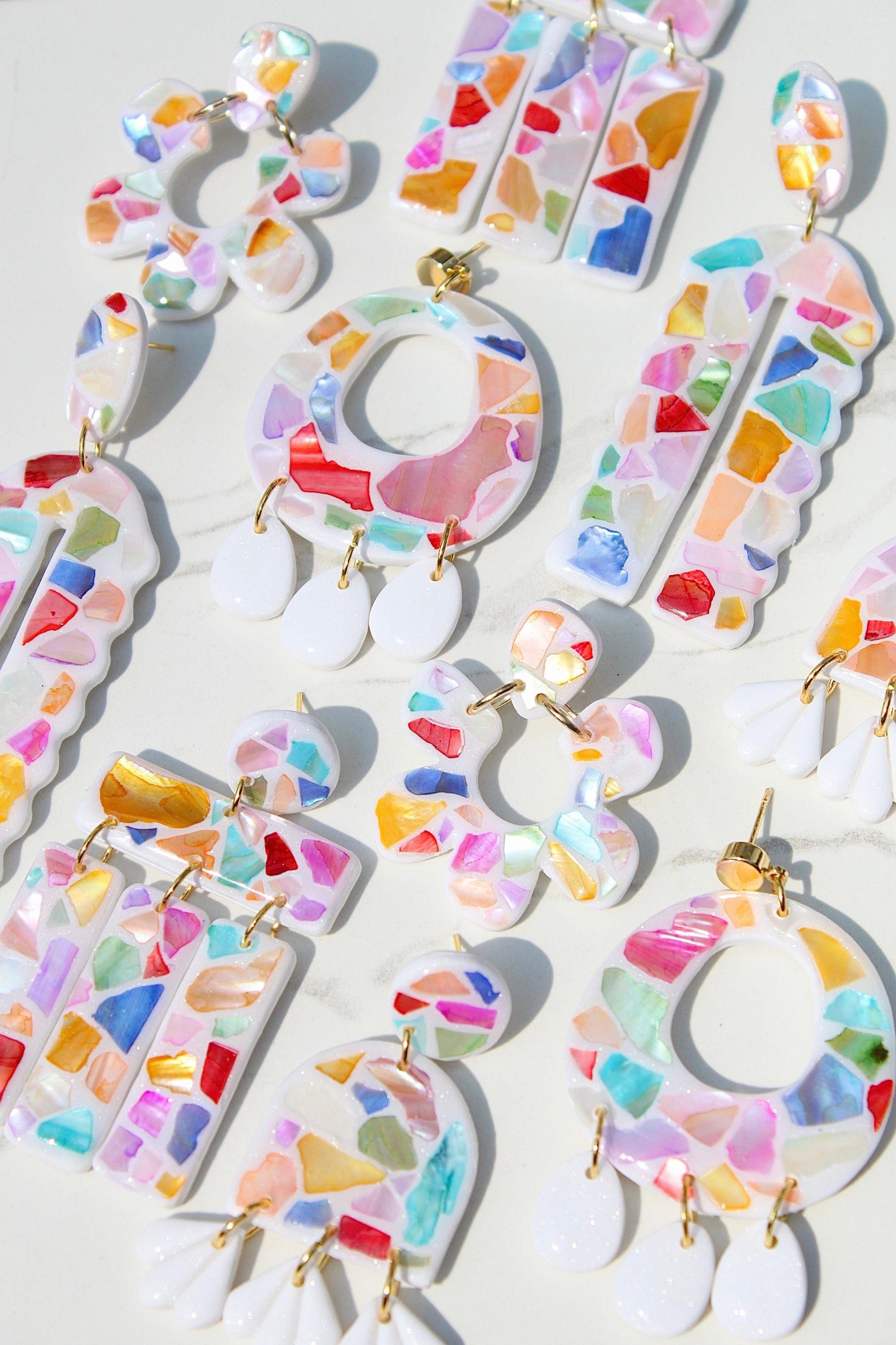 Handmade Mosaic Shell Earrings – Polymer Clay Statement Jewelry in Vibrant Coastal Colors - Clay Earrings