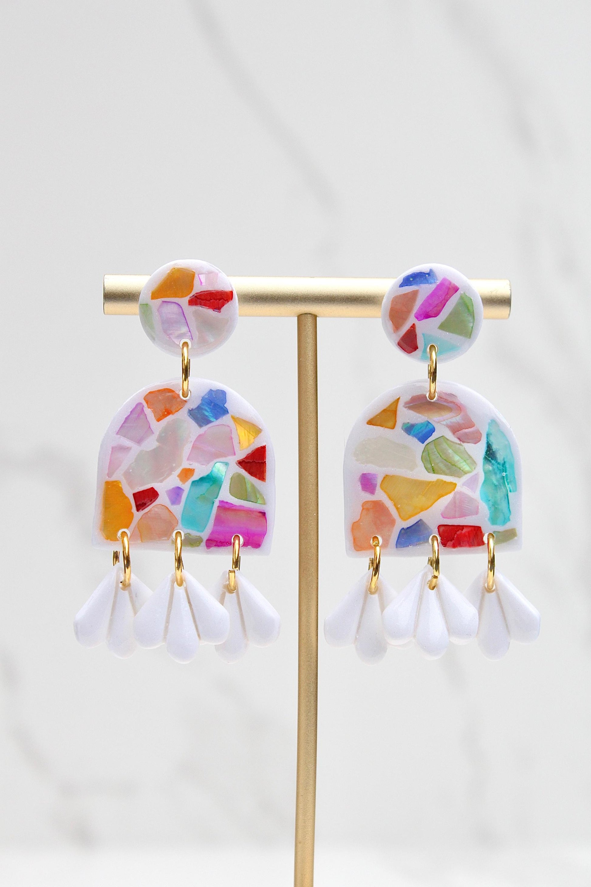 Handmade Mosaic Shell Earrings – Polymer Clay Statement Jewelry in Vibrant Coastal Colors - Clay Earrings