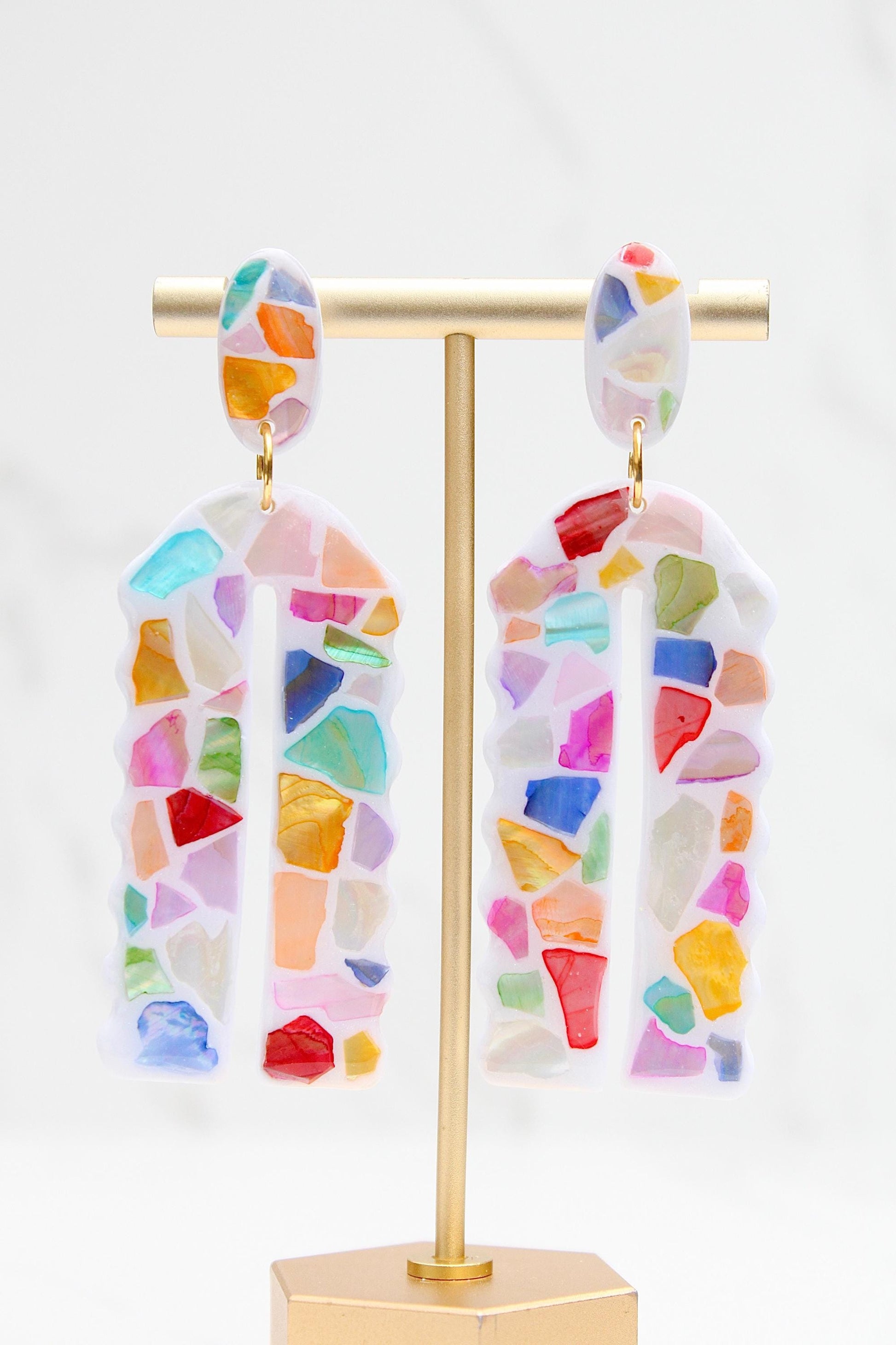 Handmade Mosaic Shell Earrings – Polymer Clay Statement Jewelry in Vibrant Coastal Colors - Clay Earrings