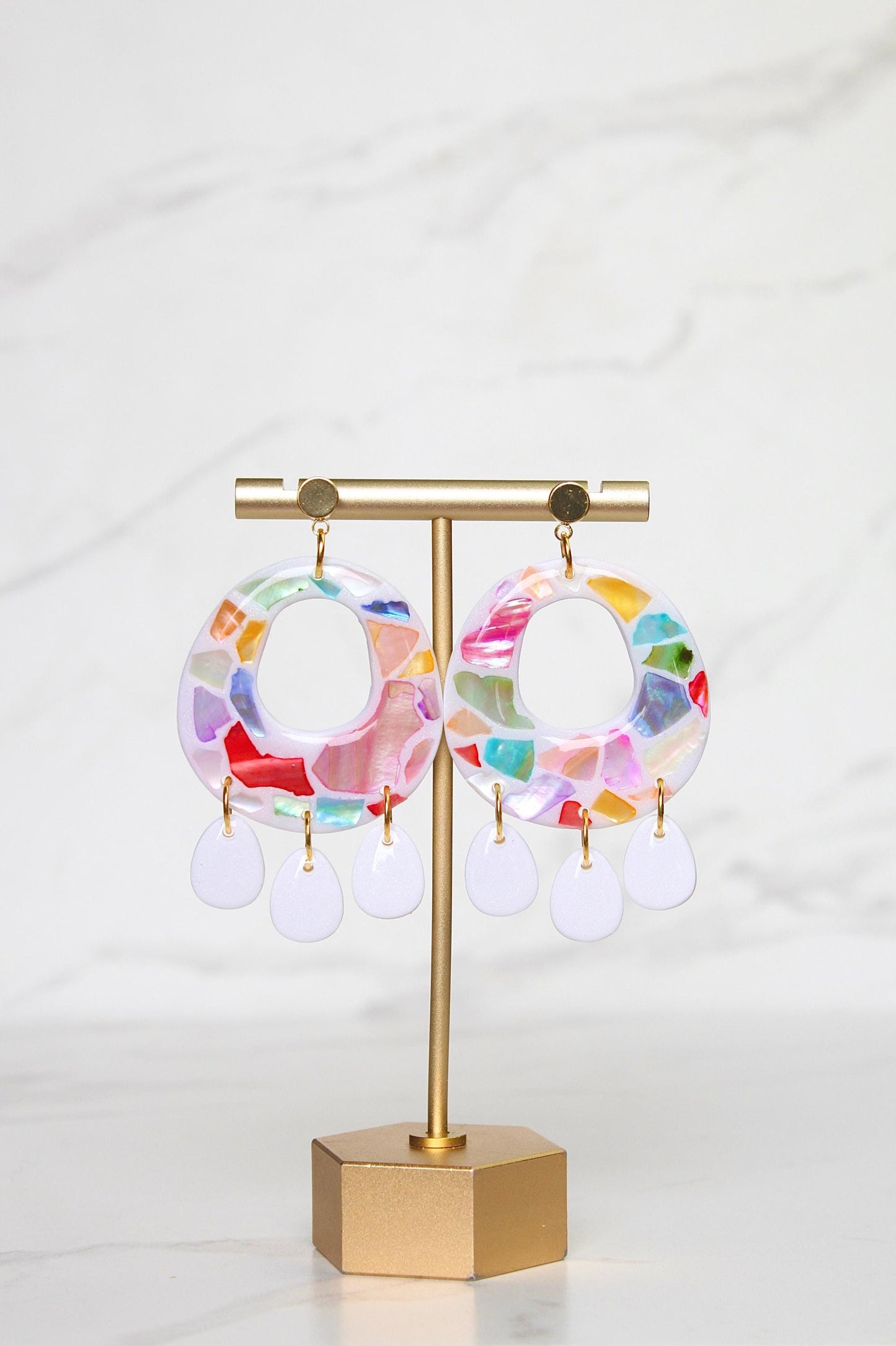 Handmade Mosaic Shell Earrings – Polymer Clay Statement Jewelry in Vibrant Coastal Colors - Clay Earrings