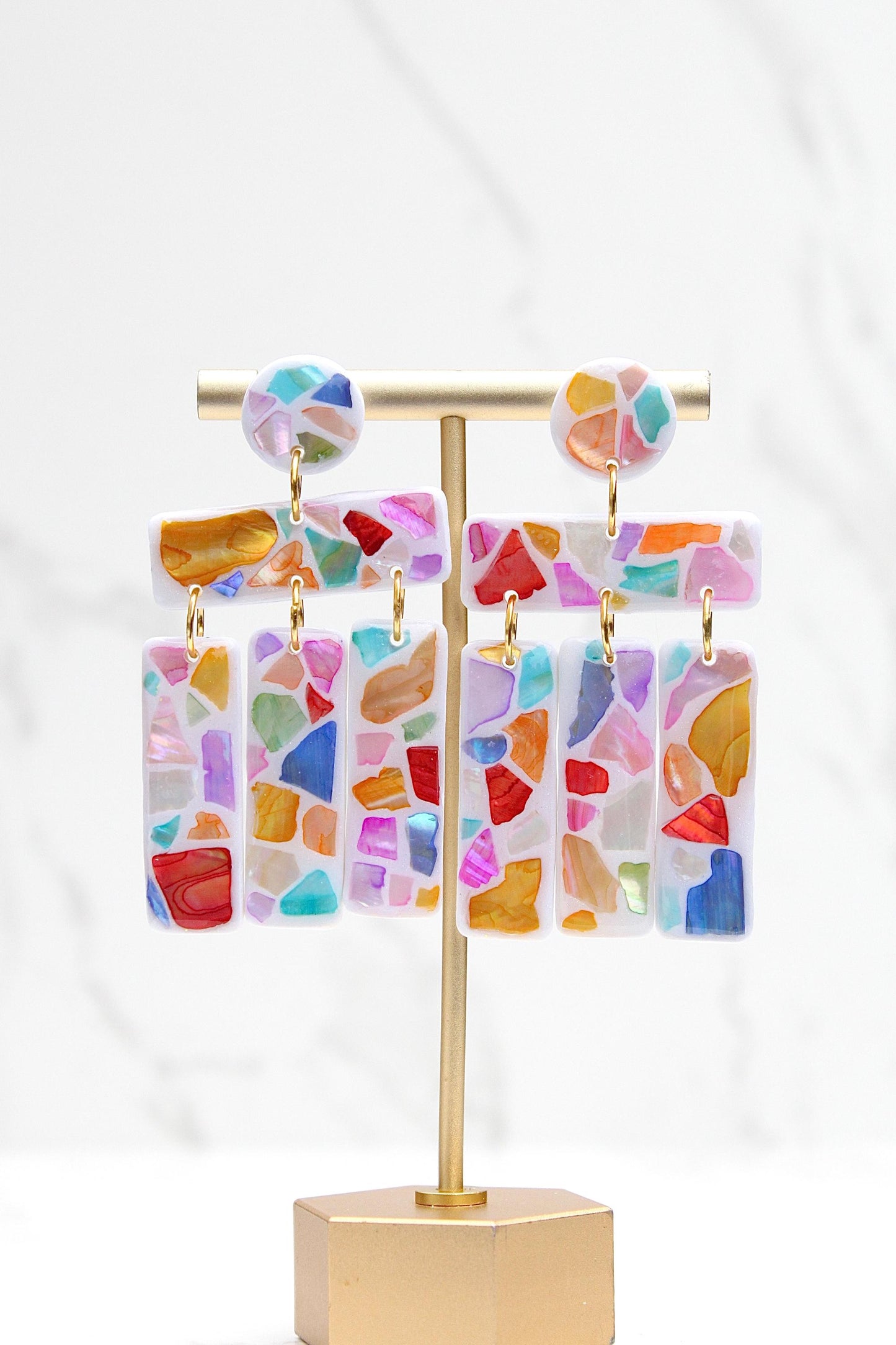 Handmade Mosaic Shell Earrings – Polymer Clay Statement Jewelry in Vibrant Coastal Colors - Clay Earrings