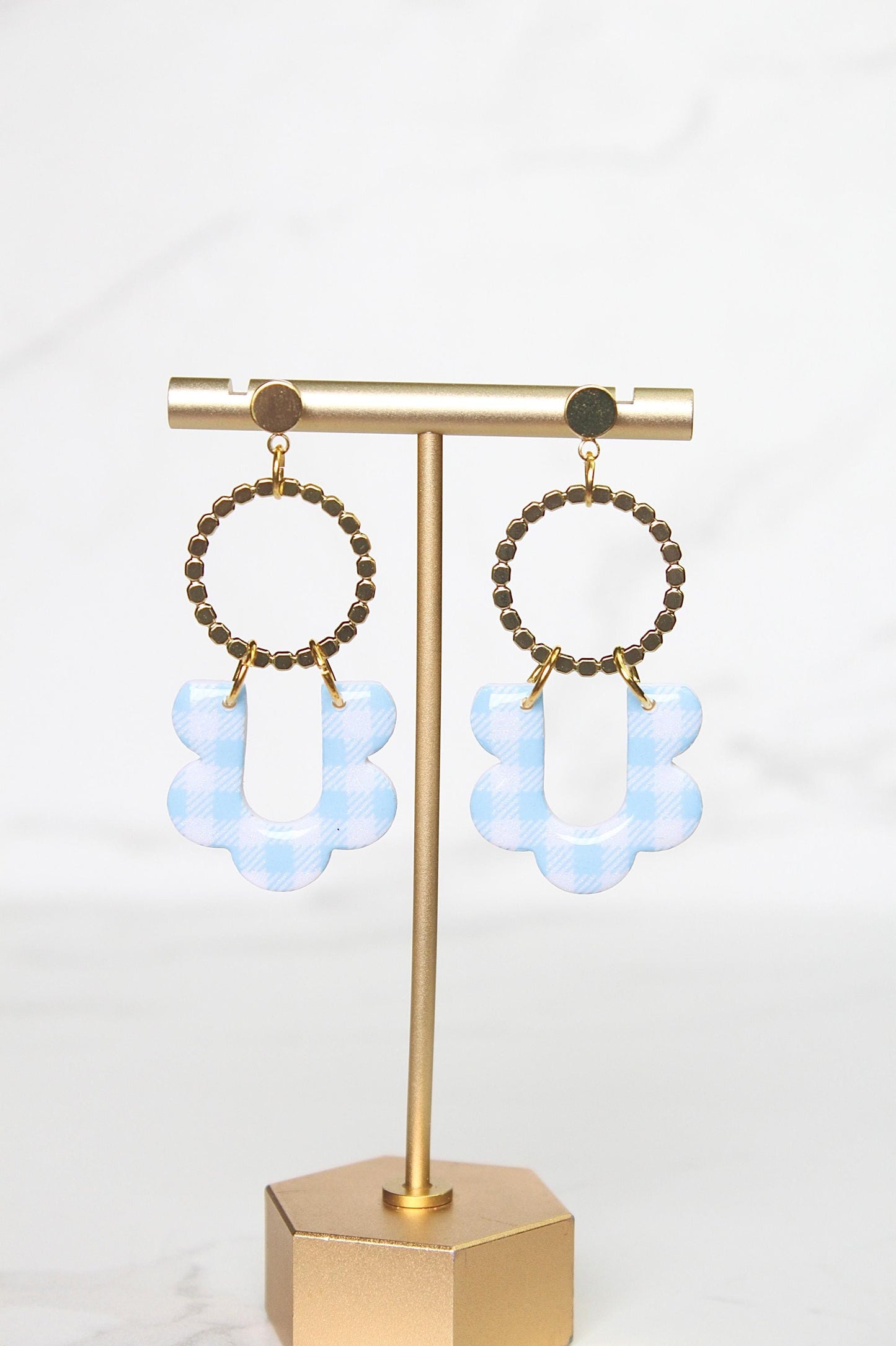 Gingham Clay Earrings in Pastel Blue | Handmade Statement Earrings | Lightweight Polymer Clay Jewelry | Summer Picnic Style