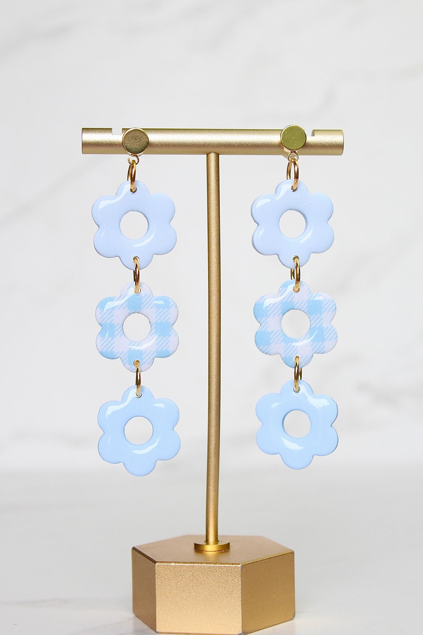 Gingham Clay Earrings in Pastel Blue | Handmade Statement Earrings | Lightweight Polymer Clay Jewelry | Summer Picnic Style