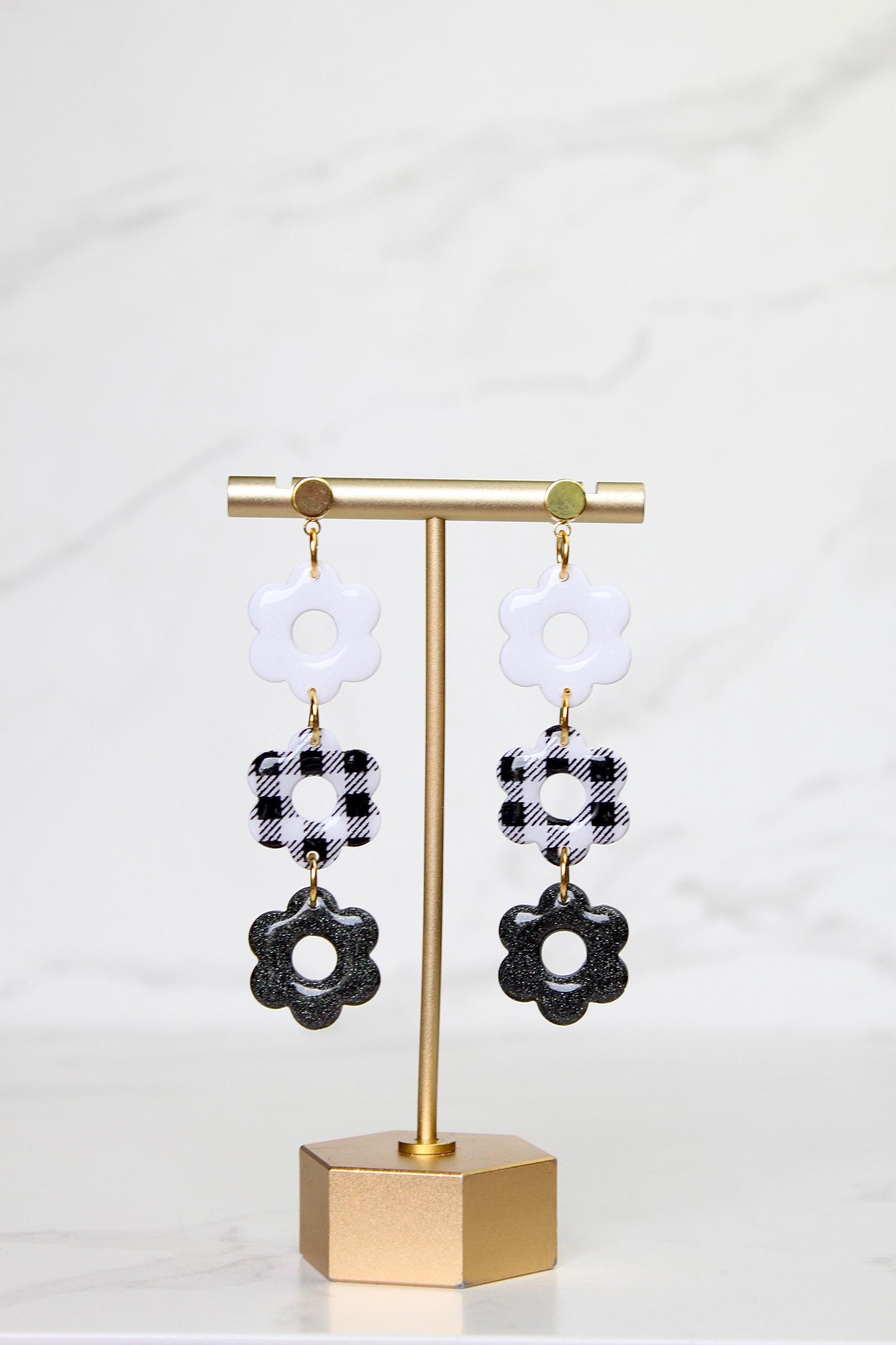 Gingham Clay Earrings in Black | Handmade Statement Earrings | Lightweight Polymer Clay Jewelry | Summer Picnic Style