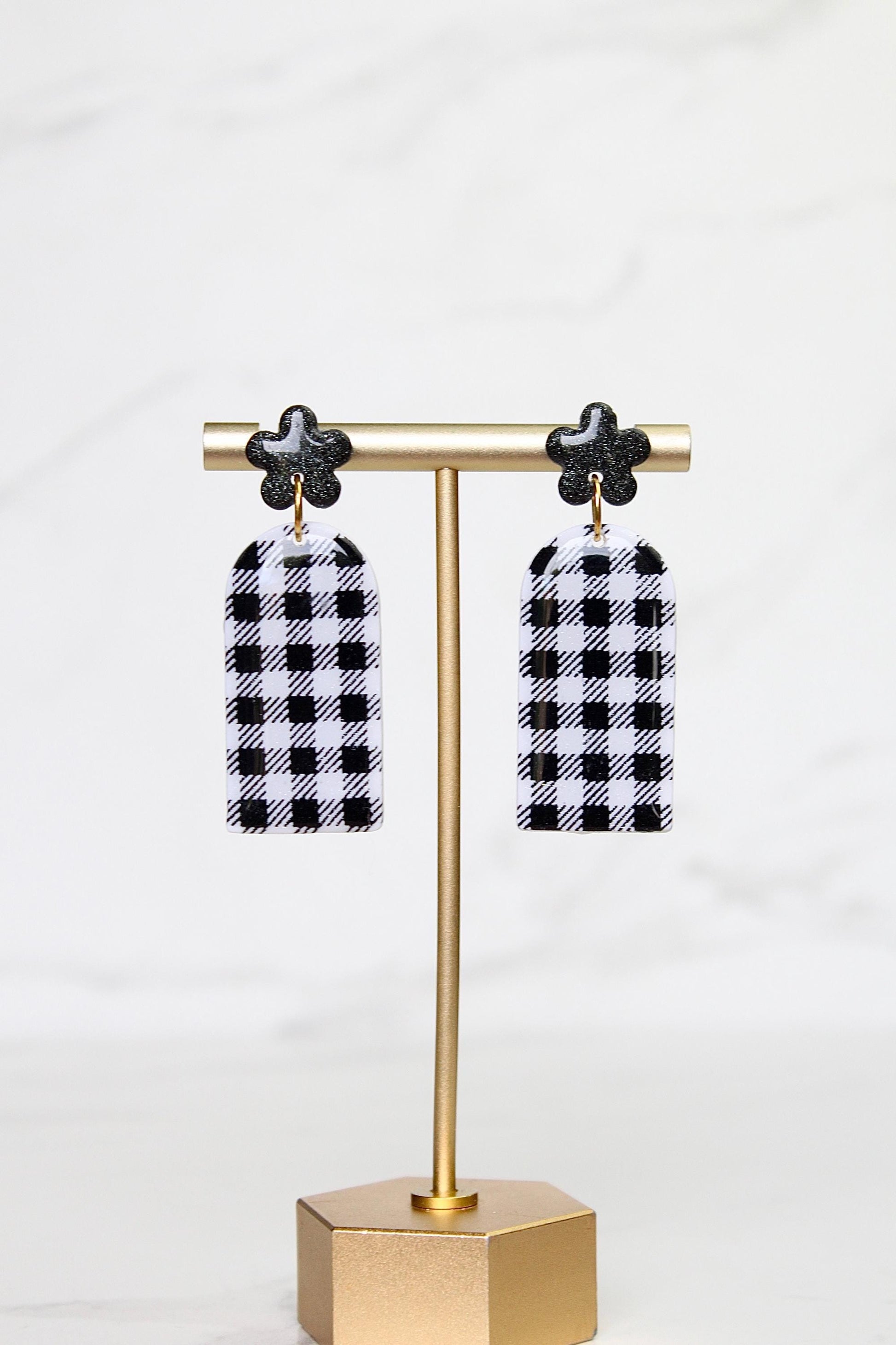 Gingham Clay Earrings in Black | Handmade Statement Earrings | Lightweight Polymer Clay Jewelry | Summer Picnic Style