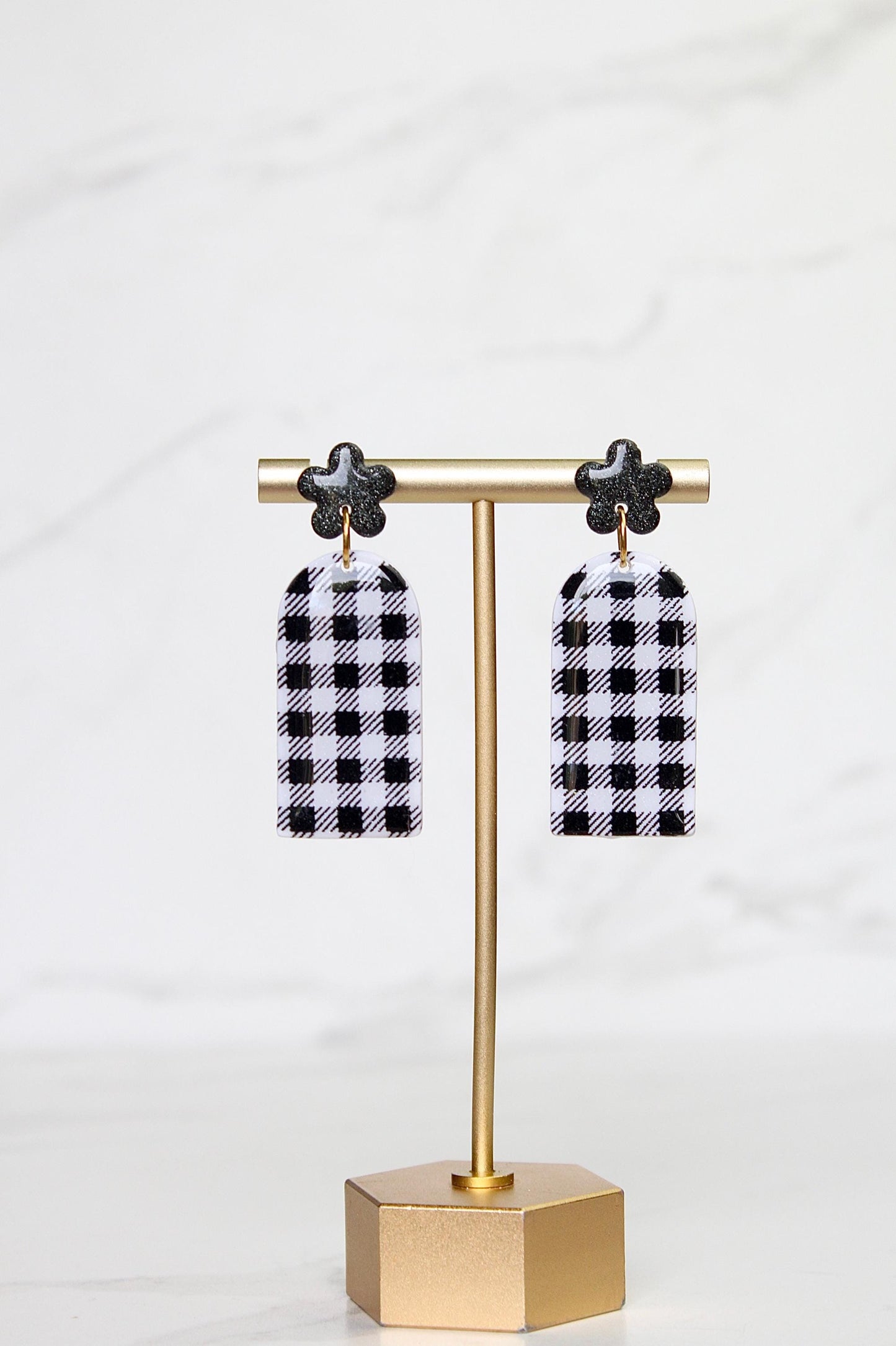 Gingham Clay Earrings in Black | Handmade Statement Earrings | Lightweight Polymer Clay Jewelry | Summer Picnic Style