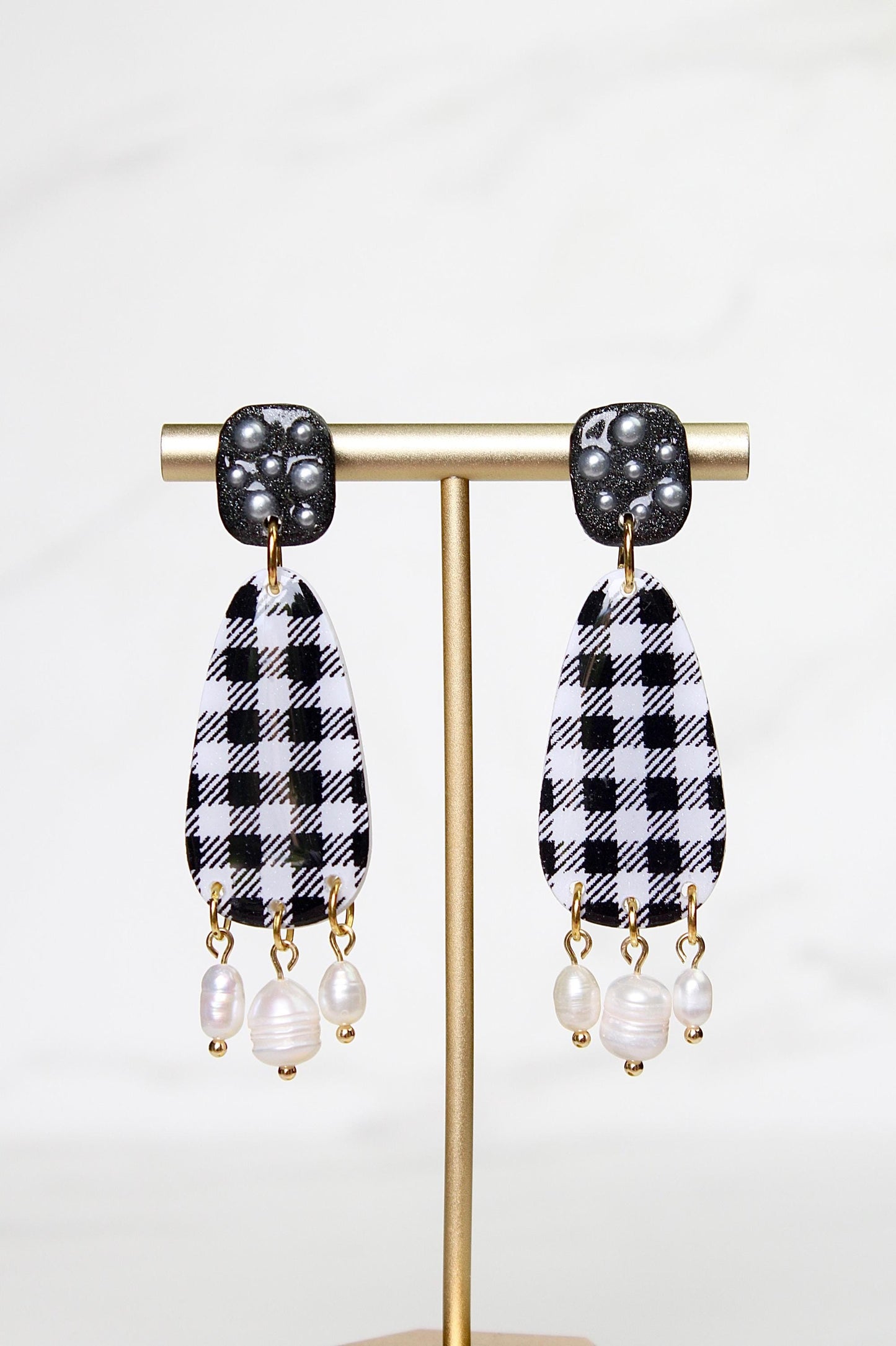 Gingham Clay Earrings in Black | Handmade Statement Earrings | Lightweight Polymer Clay Jewelry | Summer Picnic Style