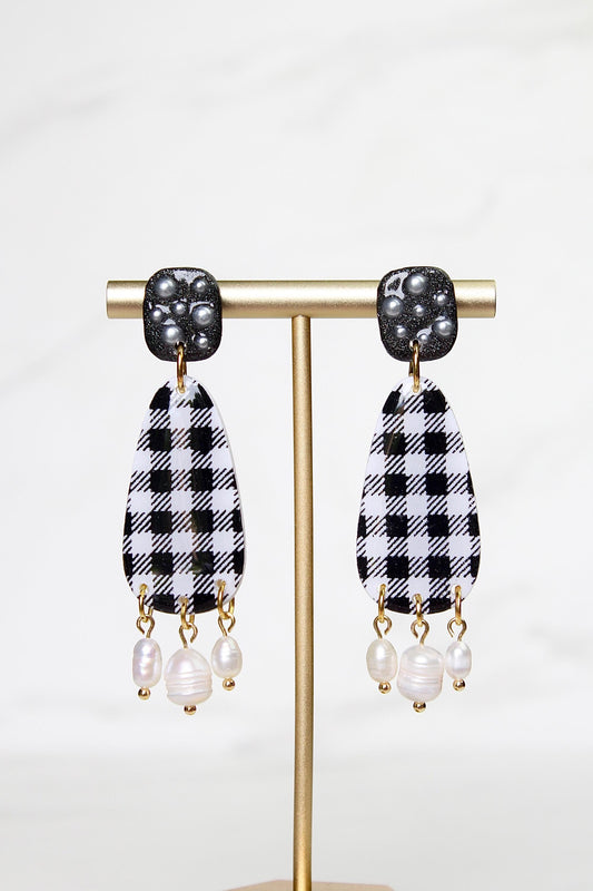 Gingham Clay Earrings in Black | Handmade Statement Earrings | Lightweight Polymer Clay Jewelry | Summer Picnic Style