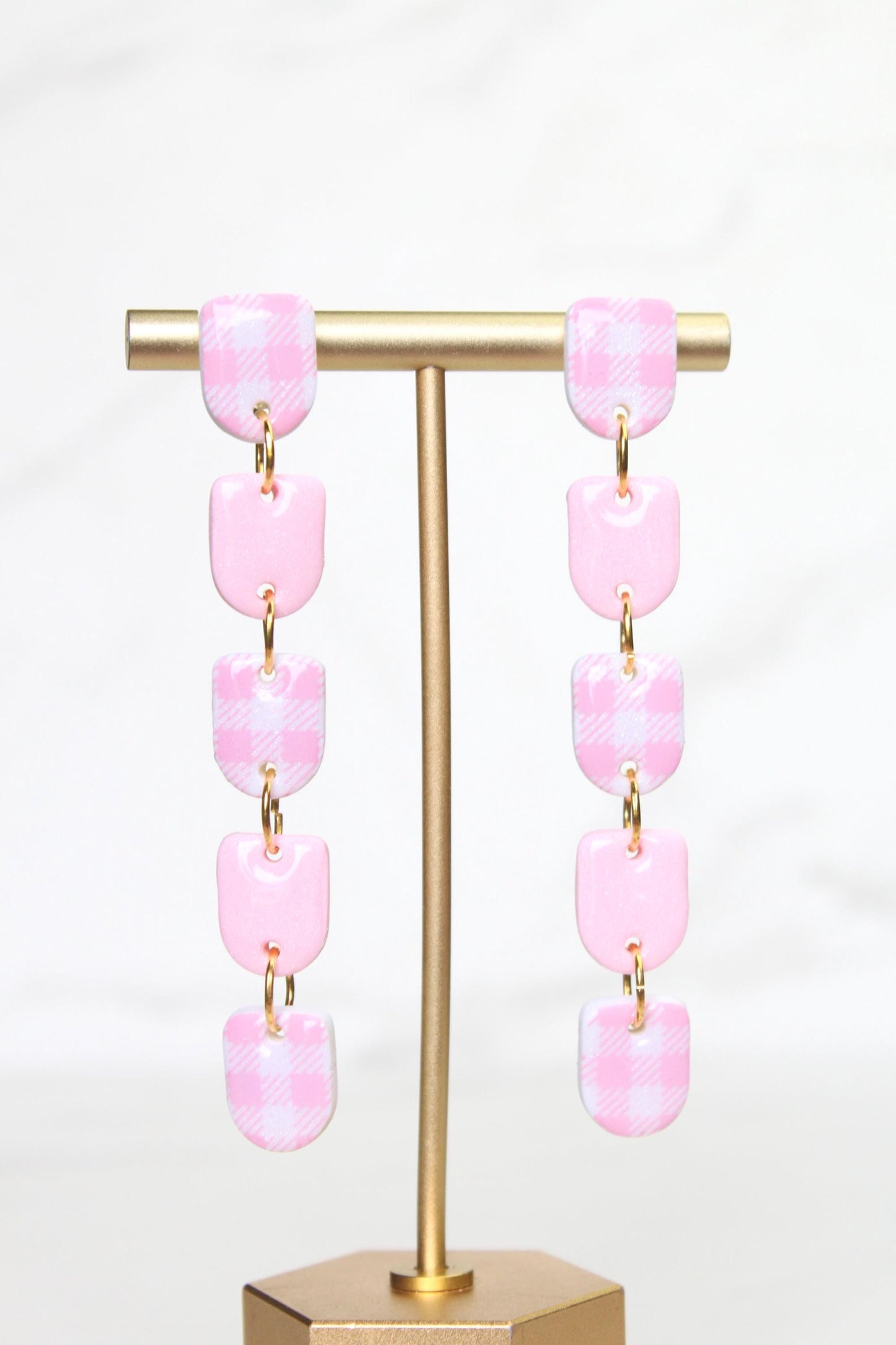 Gingham Clay Earrings in Pastel Pink | Handmade Statement Earrings | Lightweight Polymer Clay Jewelry | Summer Picnic Style