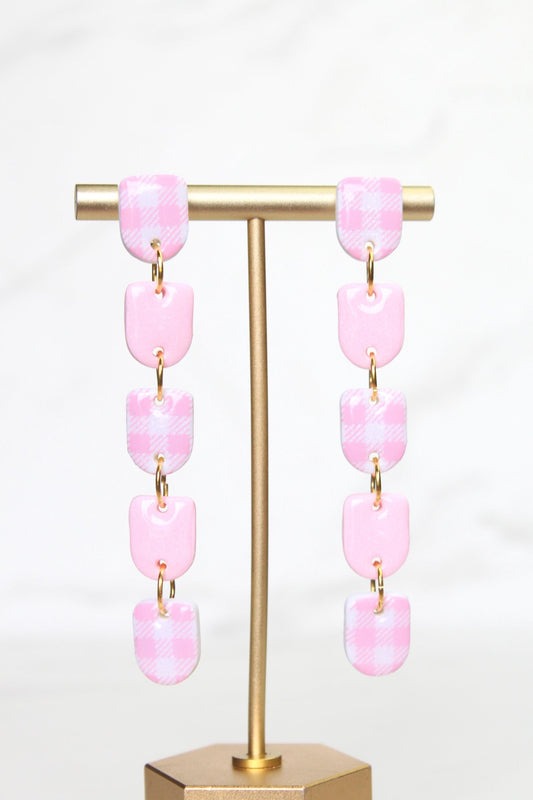 Gingham Clay Earrings in Pastel Pink | Handmade Statement Earrings | Lightweight Polymer Clay Jewelry | Summer Picnic Style